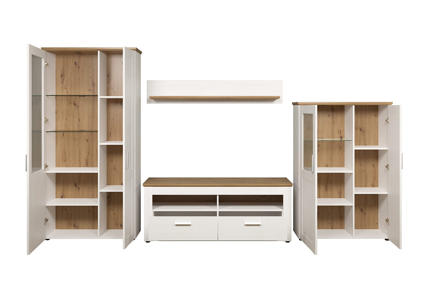 trendteam smart living - Shade - Wohnzimmerkombination - Weiß/Eiche - Vitrine hoch, TV-Unterteil, Wandboard, Vitrine halbhoch - (BxHxT) 368 x 194 x 45 cm - silberfarbene Griffe