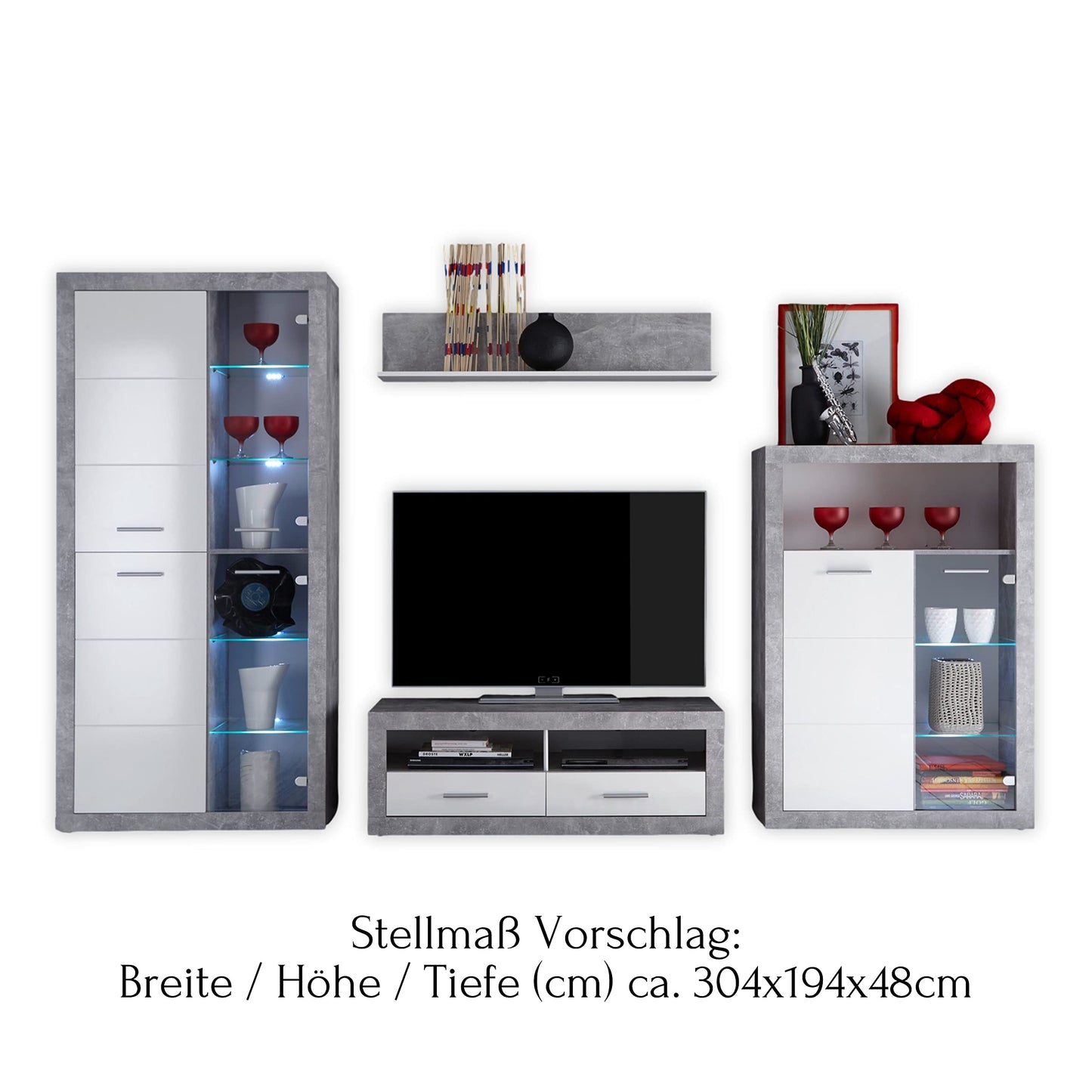 STONE Wohnwand Komplett-Set in Beton Optik, Weiß - Moderne Schrankwand für Ihr Wohnzimmer - 304 x 194 x 48 cm (B/H/T)