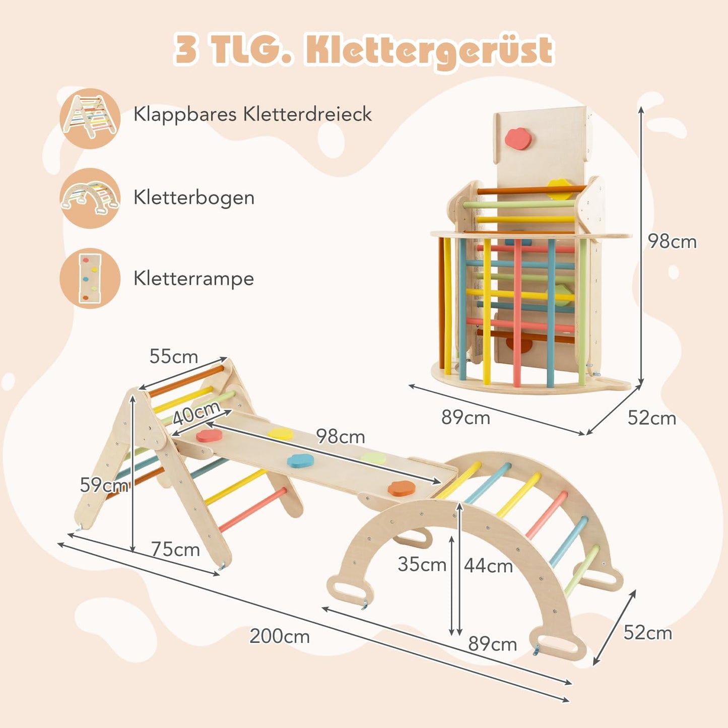 COSTWAY Kletterdreieck mit Rutsche, Kletterbogen, inkl. doppelseitige Rampe, zum Klettern, Rutschen und Wippen, 4 in 1 Klettergerüst Indoor ab 1 Jahr (Macaron bunt)