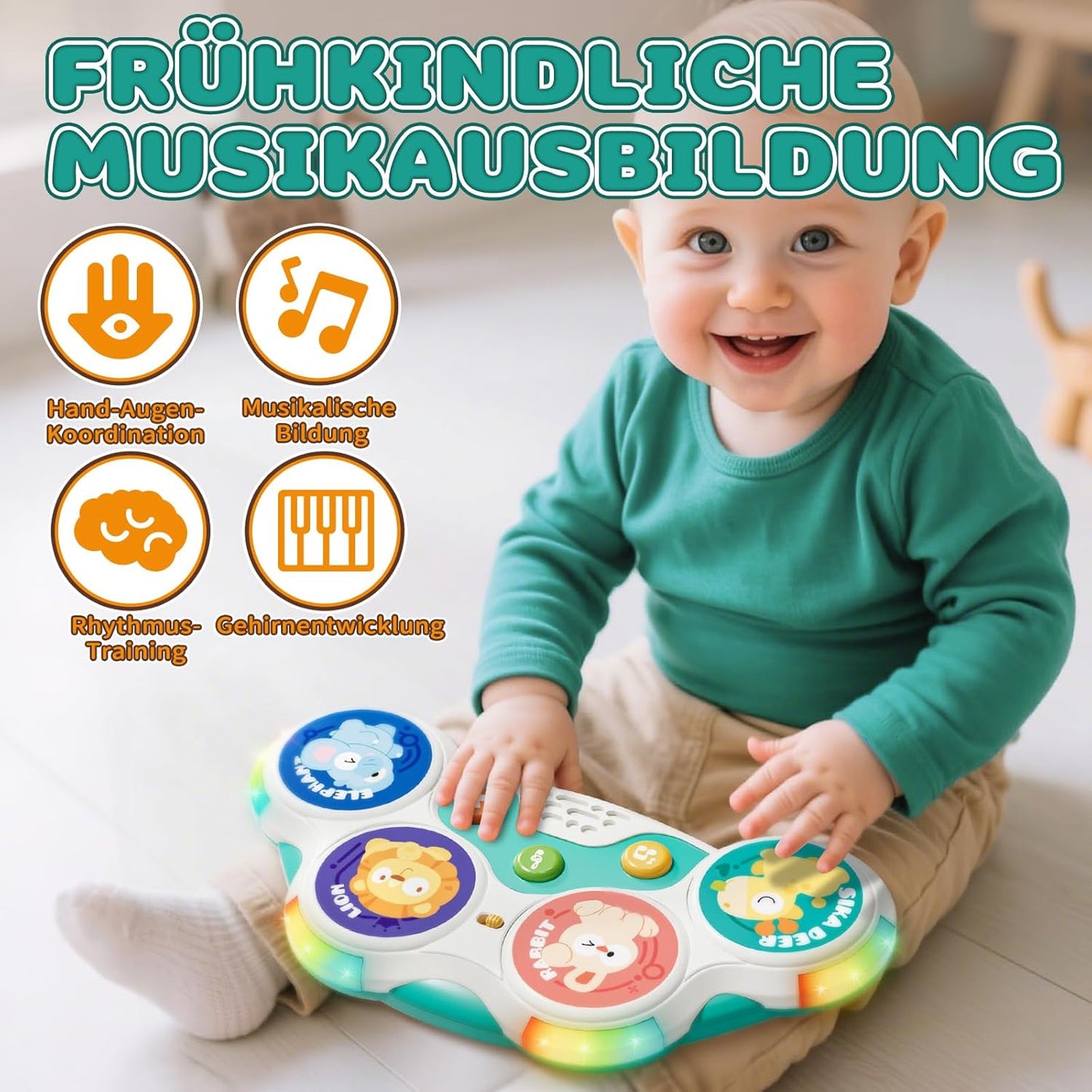 Lehoo Castle Baby Trommel Musik Spielzeug ab 6 Monate, Babyspielzeug mit 3 Arten von Klangeffekten + intelligente Spielmodus, 3 6 9 12 Monate+ Baby Geschenk sensorische Ausbildung