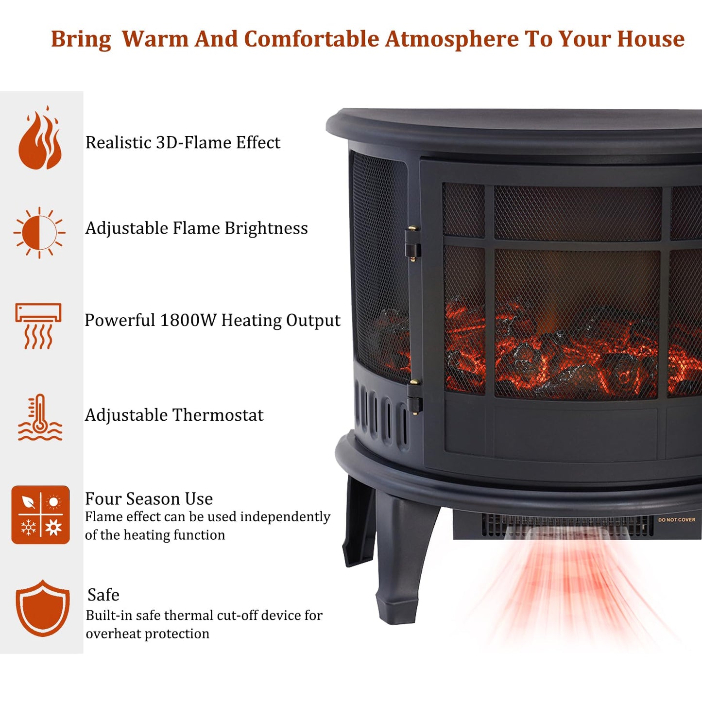 INMOZATA Elektrokamin mit Heizung 1800W LED Kaminfeuer mit Flammeneffekt, LED Kamin Elektrisch Kaminofen mit Einstellbarer Thermostat Panorama-Sichtfenster Heizfunktion