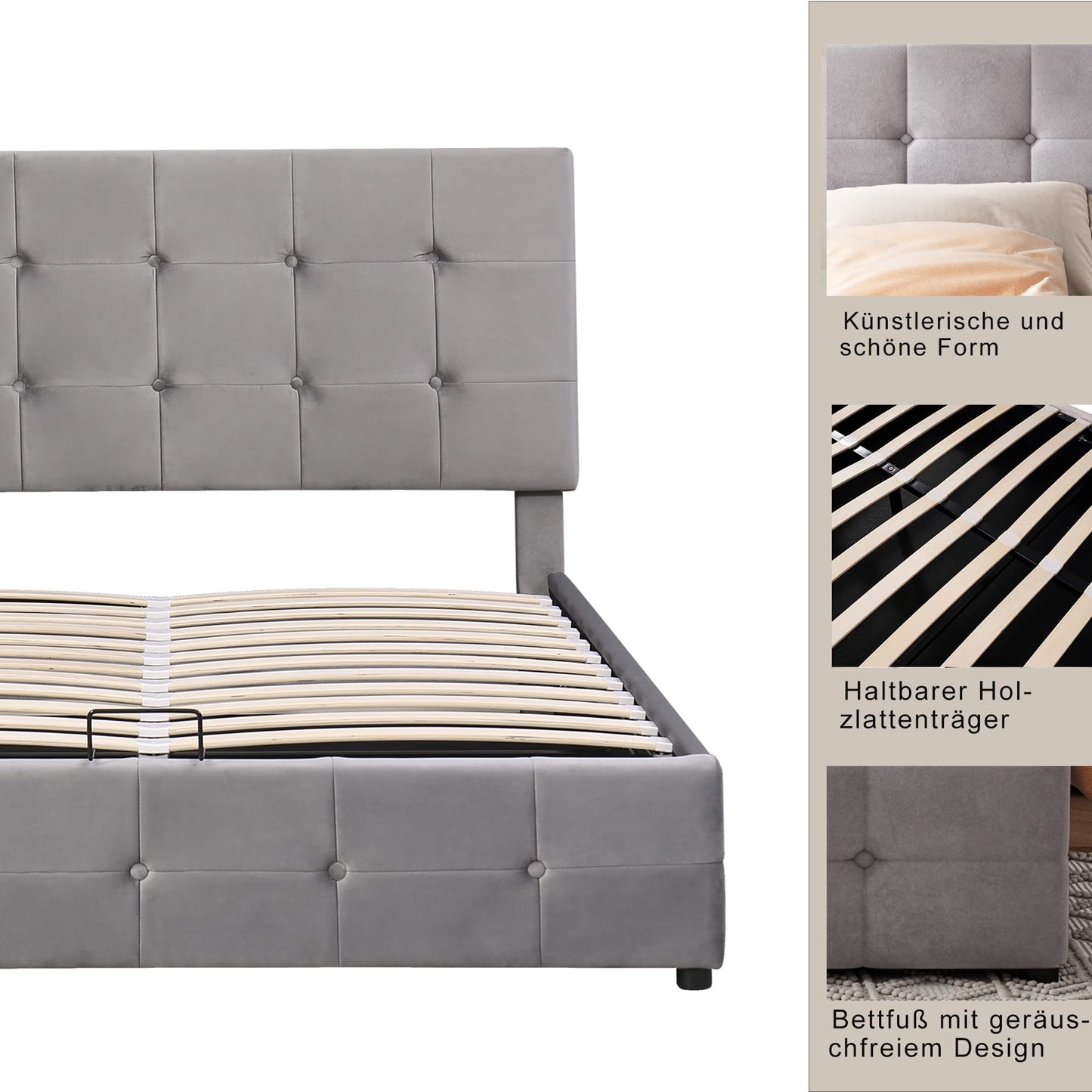 Gegtuon Upholstered Bed 140 x 200 cm, Double Bed with Headboard, Storage Bed Youth Bed with Hydraulic Storage Space Underbed, Functional Bed, Guest Bed, Bed Frame, Slatted Frame, Without Mattress,