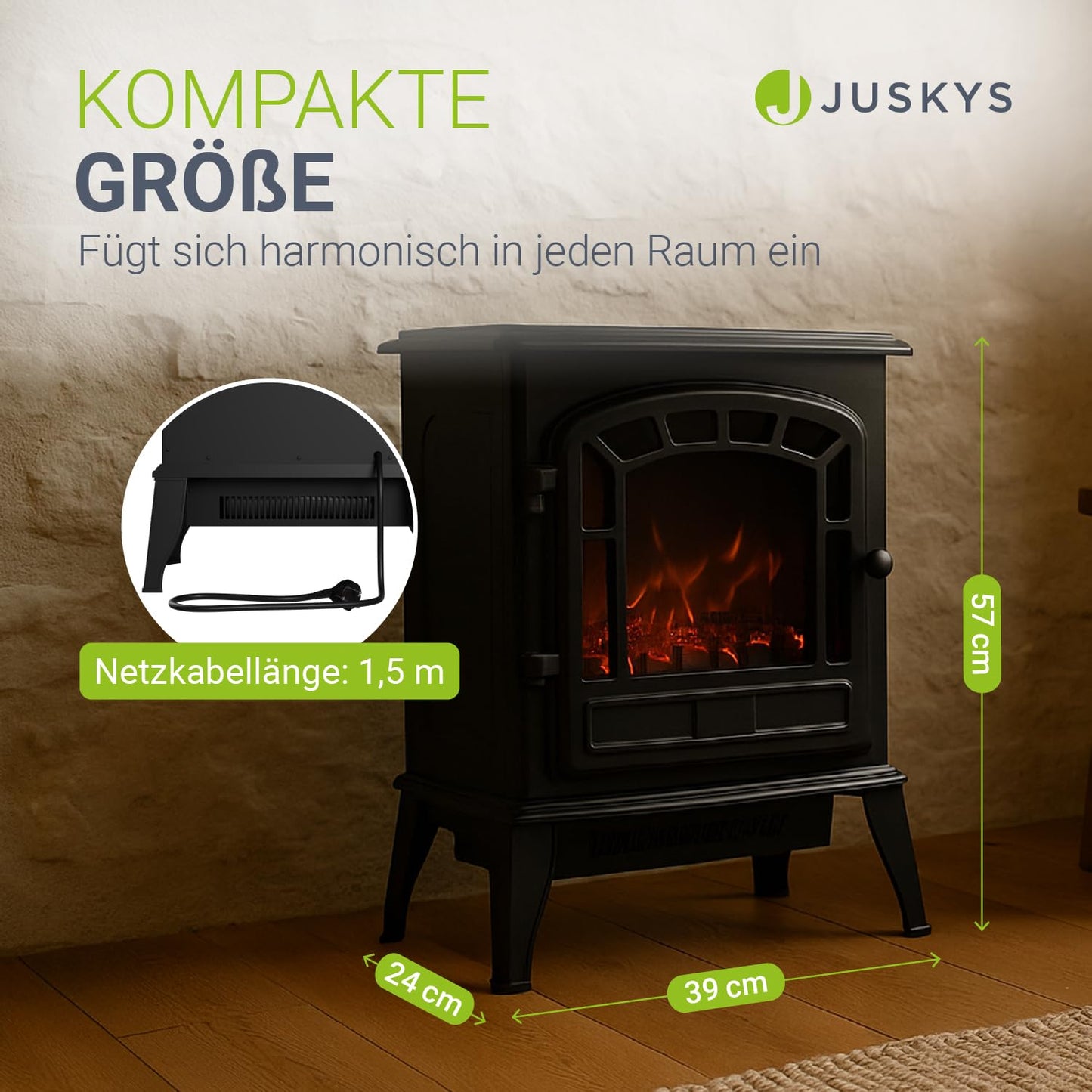 Juskys Electric Fireplace 2000W - White, Electric Standing Fireplace with Flame Effect, 2 Heat Settings, Thermostat & Safety Shutdown for Living Room