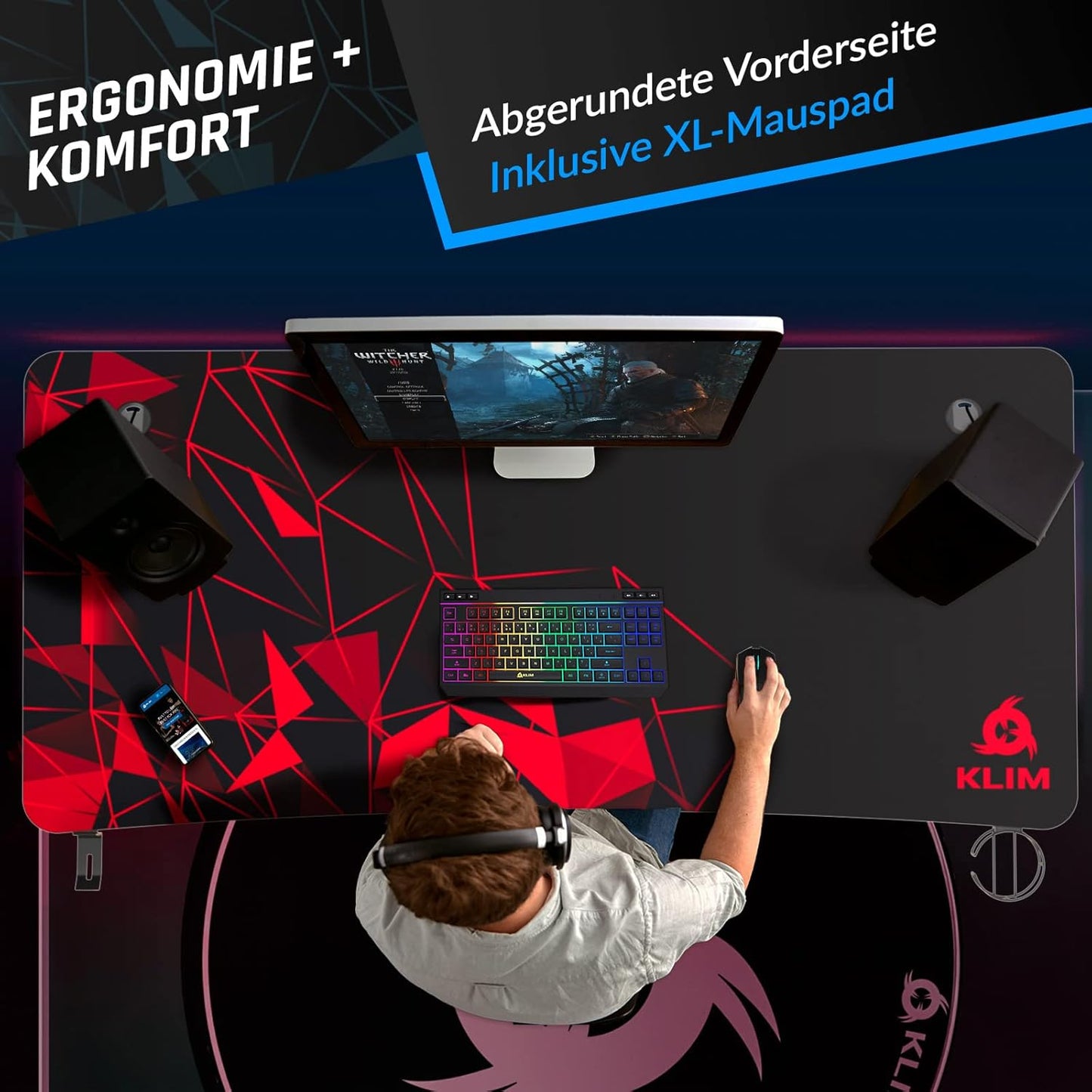 KLIM NEU K152 Gaming Tisch - 152 cm Gaming Schreibtisch, Getränkehalter, Headset Haken - Stabiler Computerschreibtisch aus Metall und Holz - Für Gaming und Büro - 20 Jahre Schutz