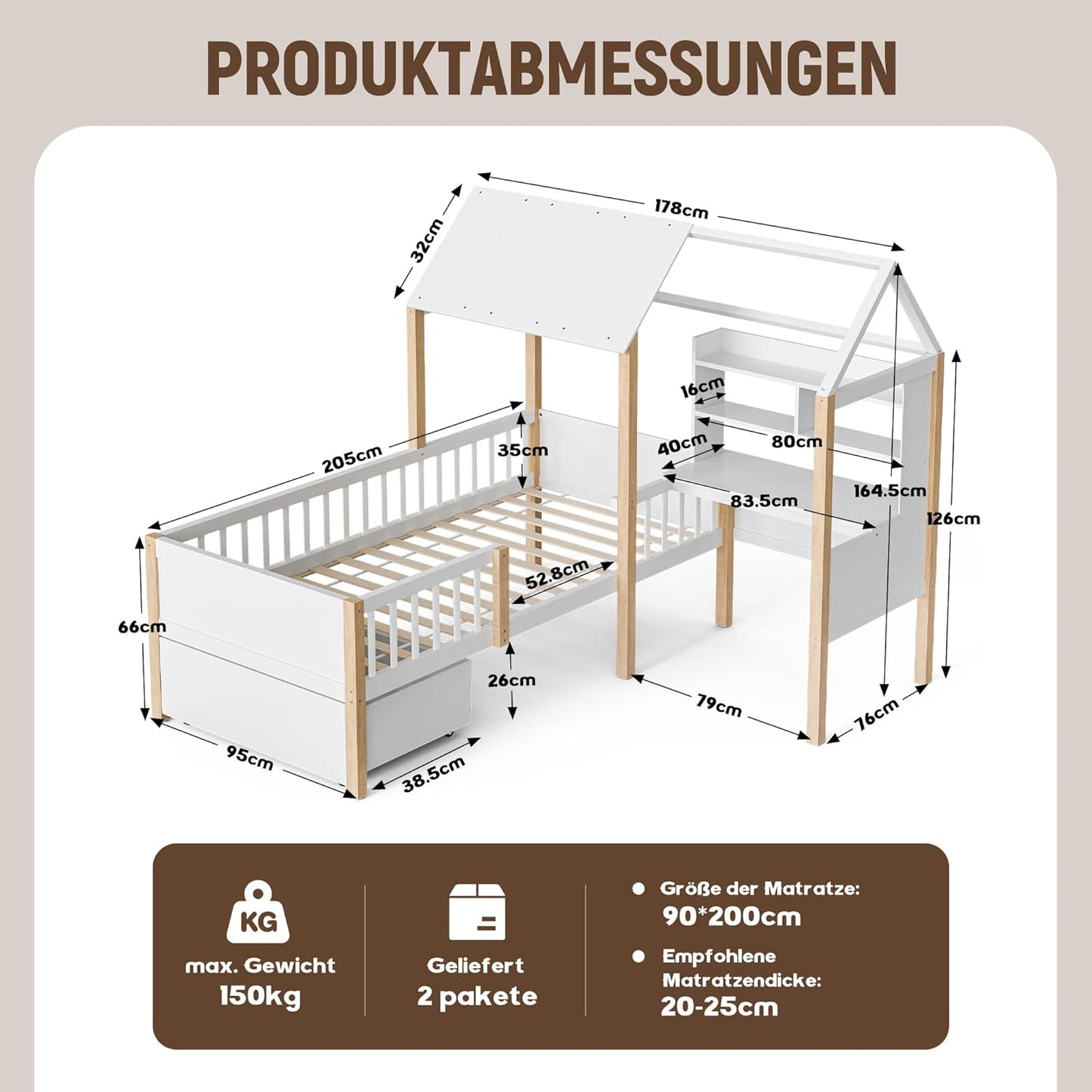 Merax Children's Bed 90 x 200 cm with Fall Protection, Children's House Bed with Drawers and Storage Shelf, Sturdy Wooden Tree House Bed with Slatted Frame, Play Bed for Boys and Girls, White