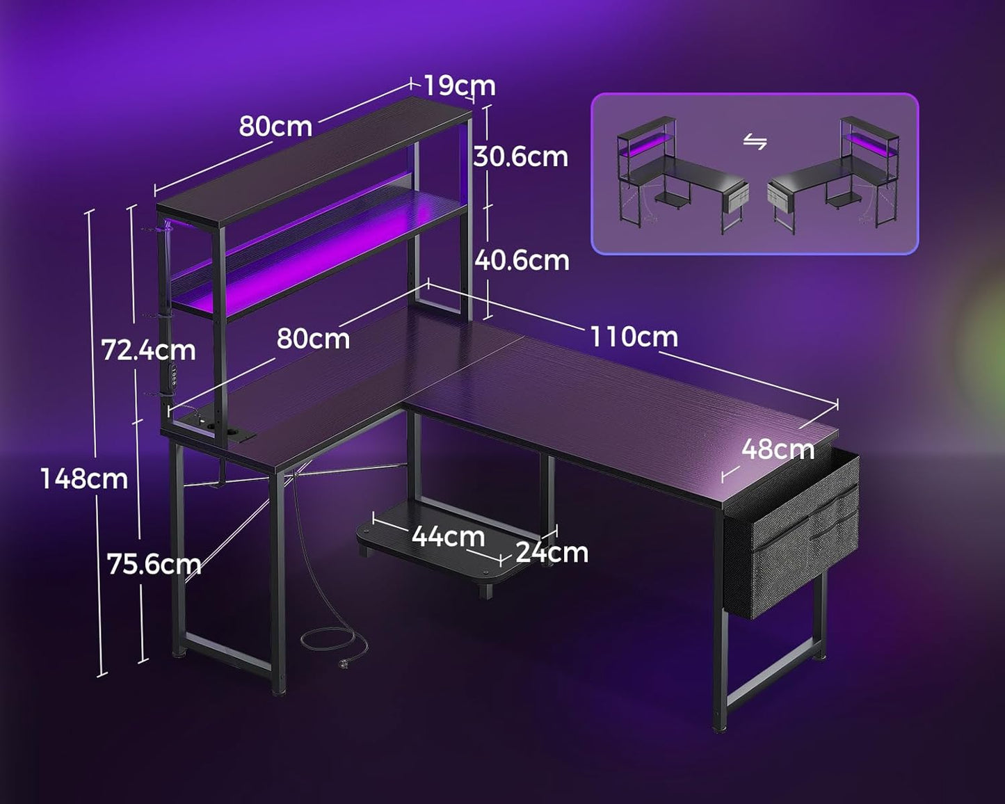 Coleshome Gaming Tisch L Form mit LED & Steckdosen, 135 × 100 cm Reversibel Gaming Schreibtisch mit Ablageregalen, Eckschreibtisch mit Aufbewahrungstasche für Homeoffice und Gaming, Schwarz