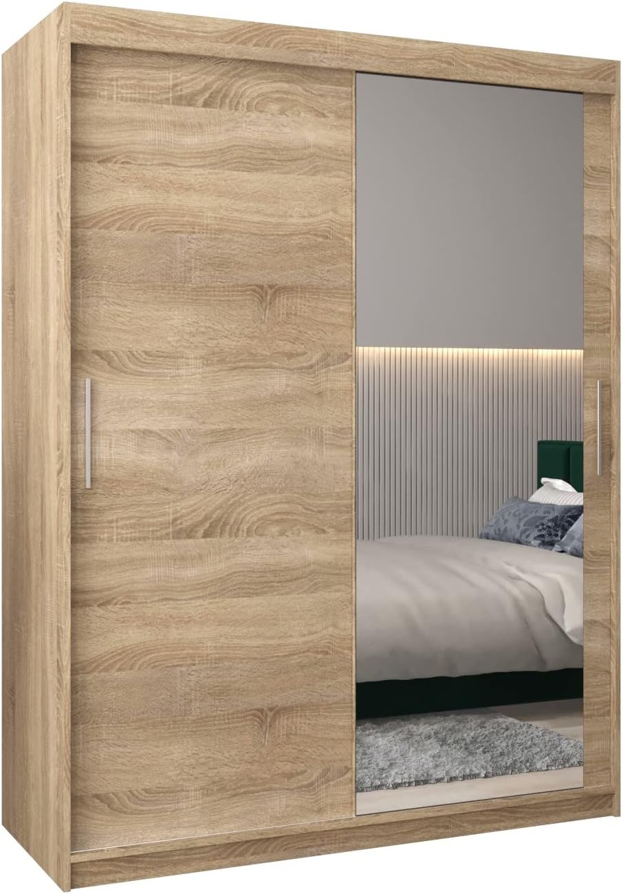 MEBLE KRYSPOL Kleiderschrank mit Spiegel Tokyo 2 - Garderobenschrank - Schrank Schlafzimmer - Mehrzweckschrank DREI Schiebetüren - Regalen - Flur Möbel - Kleiderstange Schrank - Allzweckschrank
