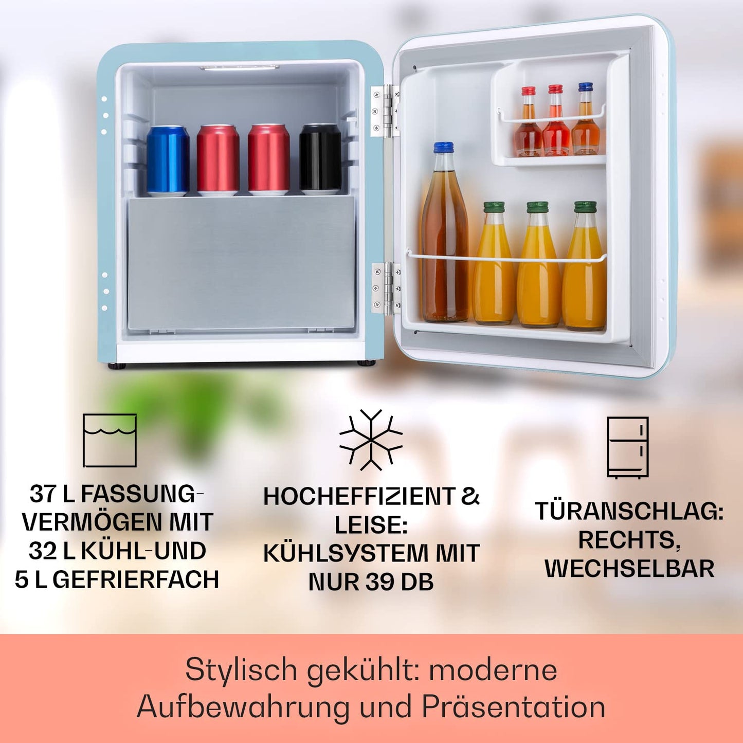 Klarstein Kühlschrank, Mini-Kühlschrank für Getränke, Kühlschrank Klein, Kleiner Kühlschrank Lautlos, Skincare Fridge, Vintage Design, Camping Kühlschrank, Minikühlschrank für Zimmer, 0-10°C, 70 L