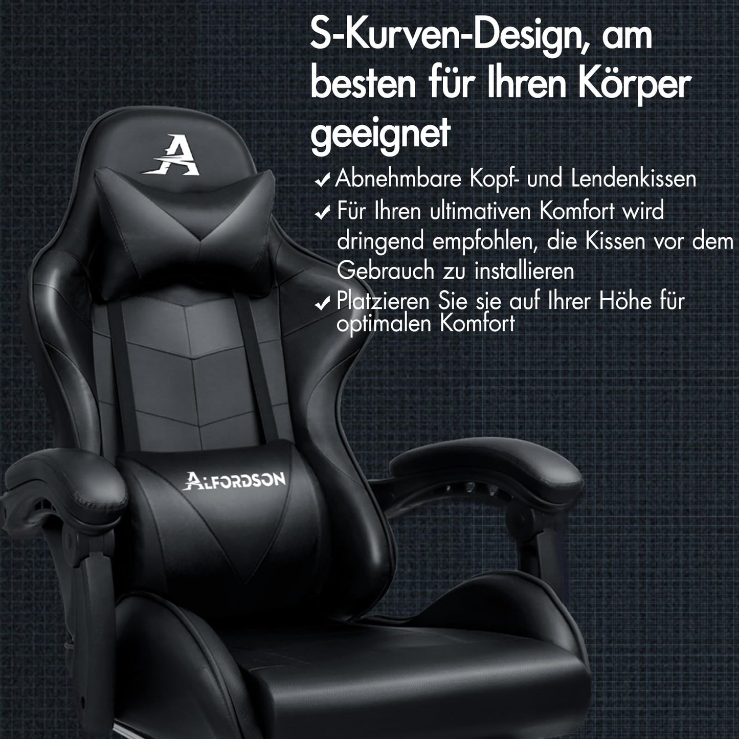 ALFORDSON Videospielstuhl, ergonomischer Bürostuhl, Massage-Rennstuhl, einziehbare Fußstütze, PU-Leder, höhenverstellbar und neigbar, 180 kg Tragkraft, Schwarz