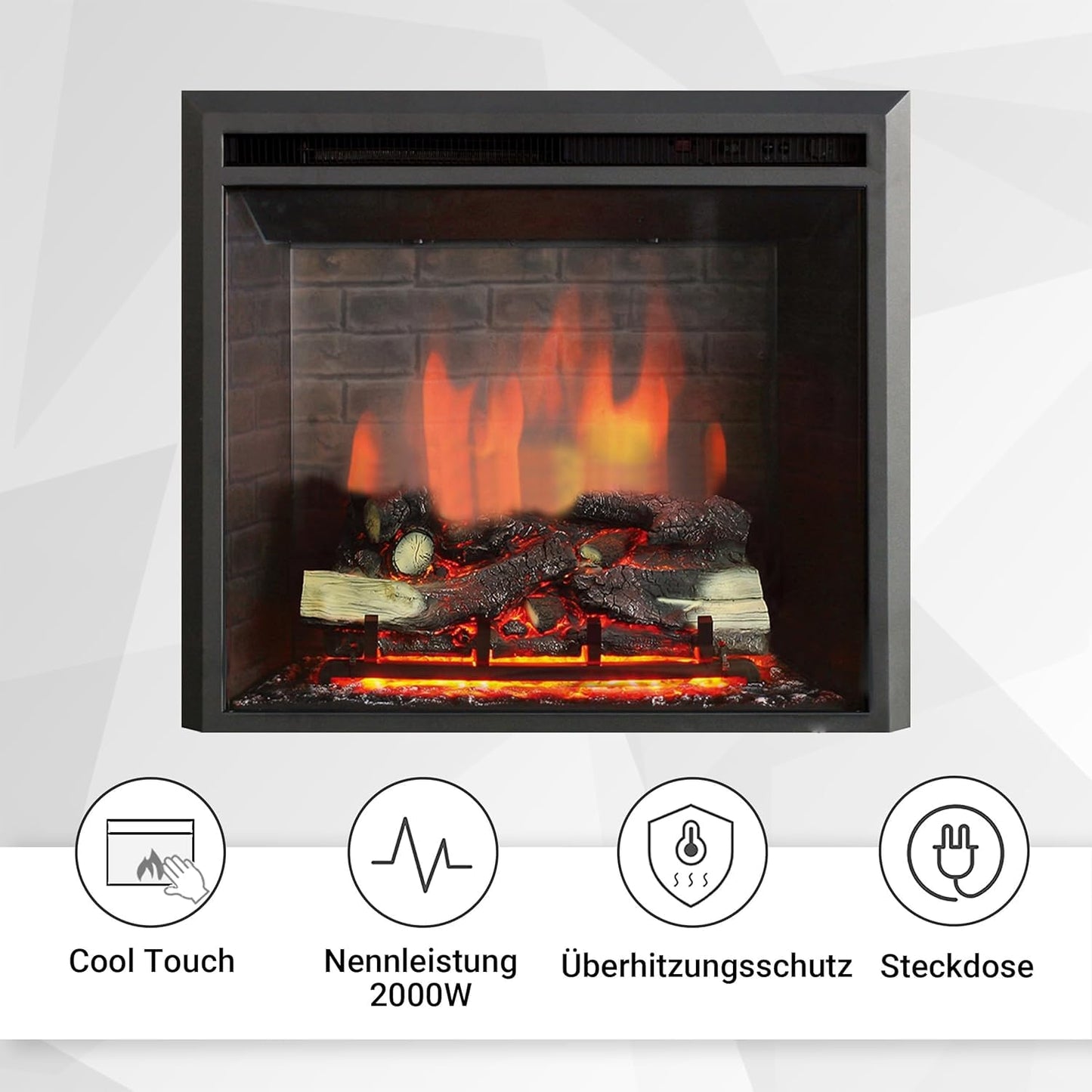 BALDERIA Calida 26" Elektrokamin - Elektrischer Einbaukamin mit 3D-Flammeneffekt | Elektro Heizung 2000W | Knister-Sound | Kamin mit Fernbedienung & Thermostat | Schwarz