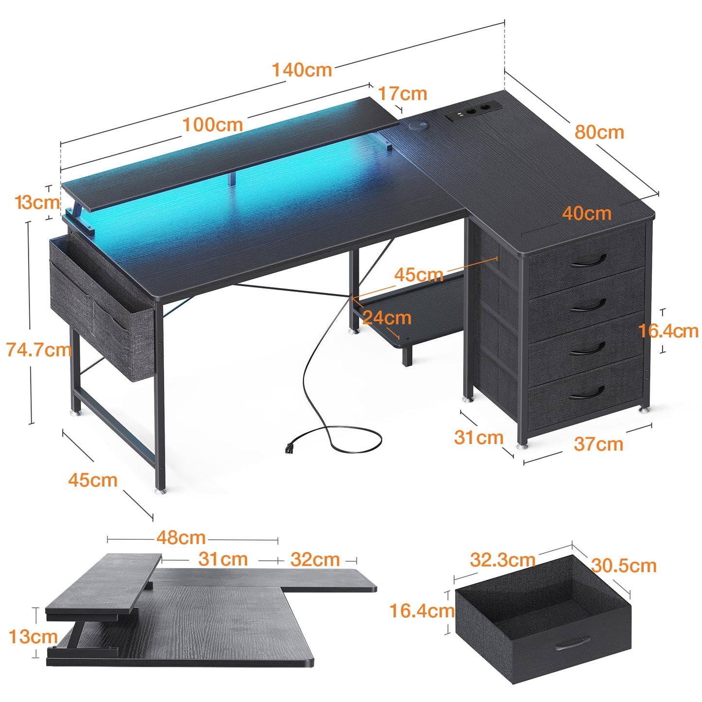 ODK Eckschreibtisch mit 4 Stoff Schubladen, 160x80cm Reversible Schreibtisch L Form mit 2 Steckdosen und 2 USB Ladeanschluss, Gaming Tisch L Form mit LED&Monitorständer für Home Office, Schwarz
