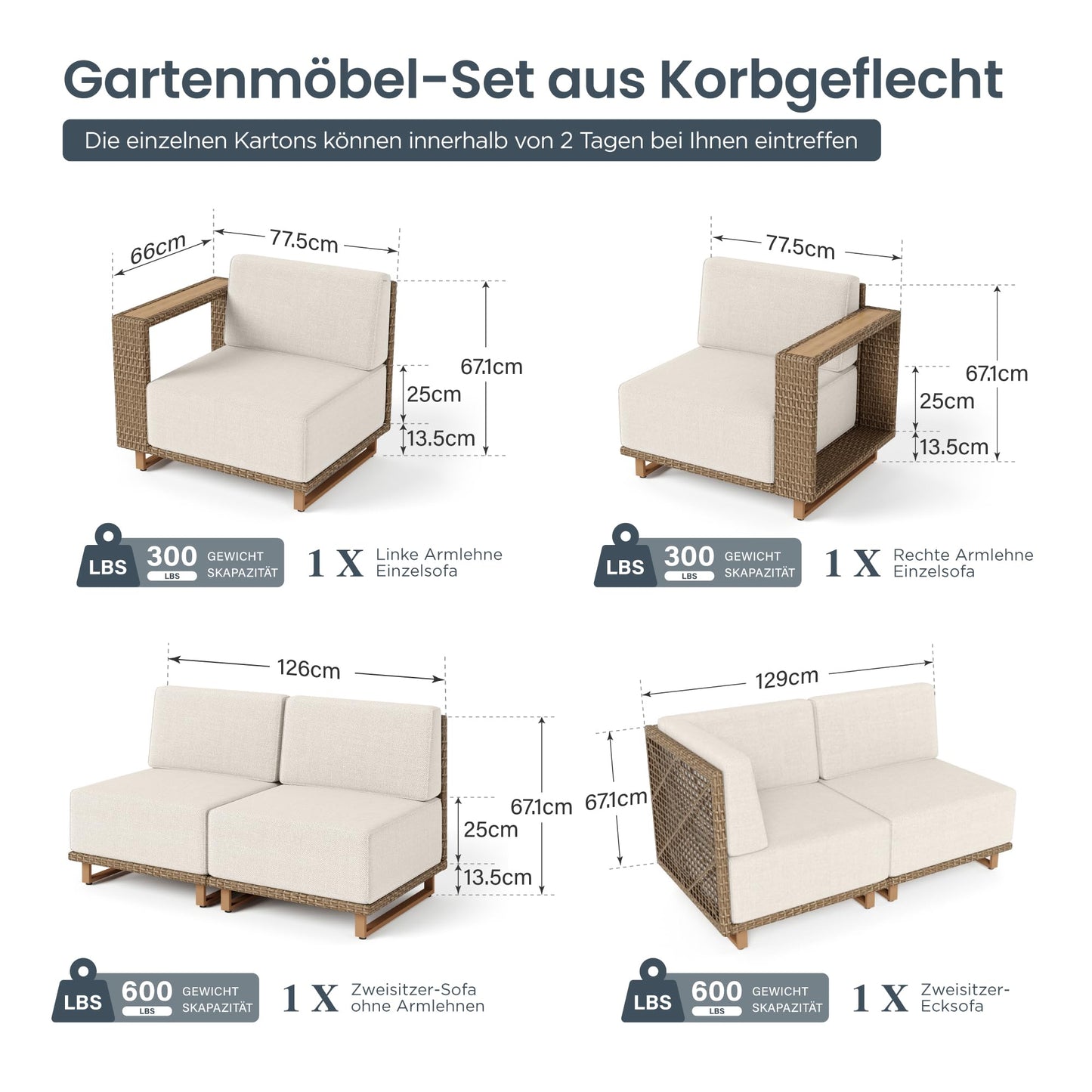 PHI VILLA Rattan Gartenmöbel Set Balkonmöbel für 6, Lounge Möbel Outdoor Sofa Sets für Garten und Terrasse, Allwetter Gartensofa Terassenmöbel Außen mit Dicken Weißen Kissen und Ergonomischem Design