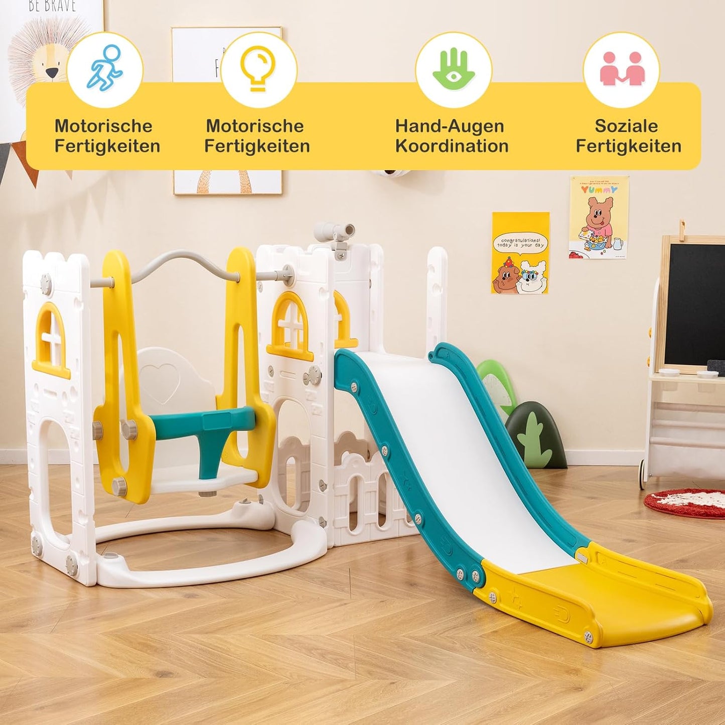 GOPLUS 7 in 1 Kinderrutsche, Kinderrutsche und Kletterspielset mit Leiter, Basketballkorb, Schaukel, Teleskop, Stauraum & rutschfeste Pedale, Indoor Spielplatz für Kinder von 1-3 Jahren (Gelb+Grün)