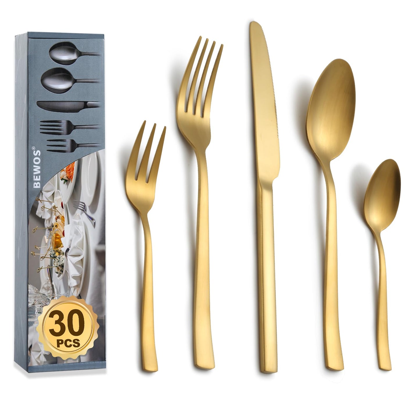 BEWOS Besteckset für 6 Personen, 30-teiliges Besteckset aus Edelstahl, Besteckset aus Silber, inklusive Messer, Gabeln und Löffel, hochglanzpoliert und spülmaschinenfest