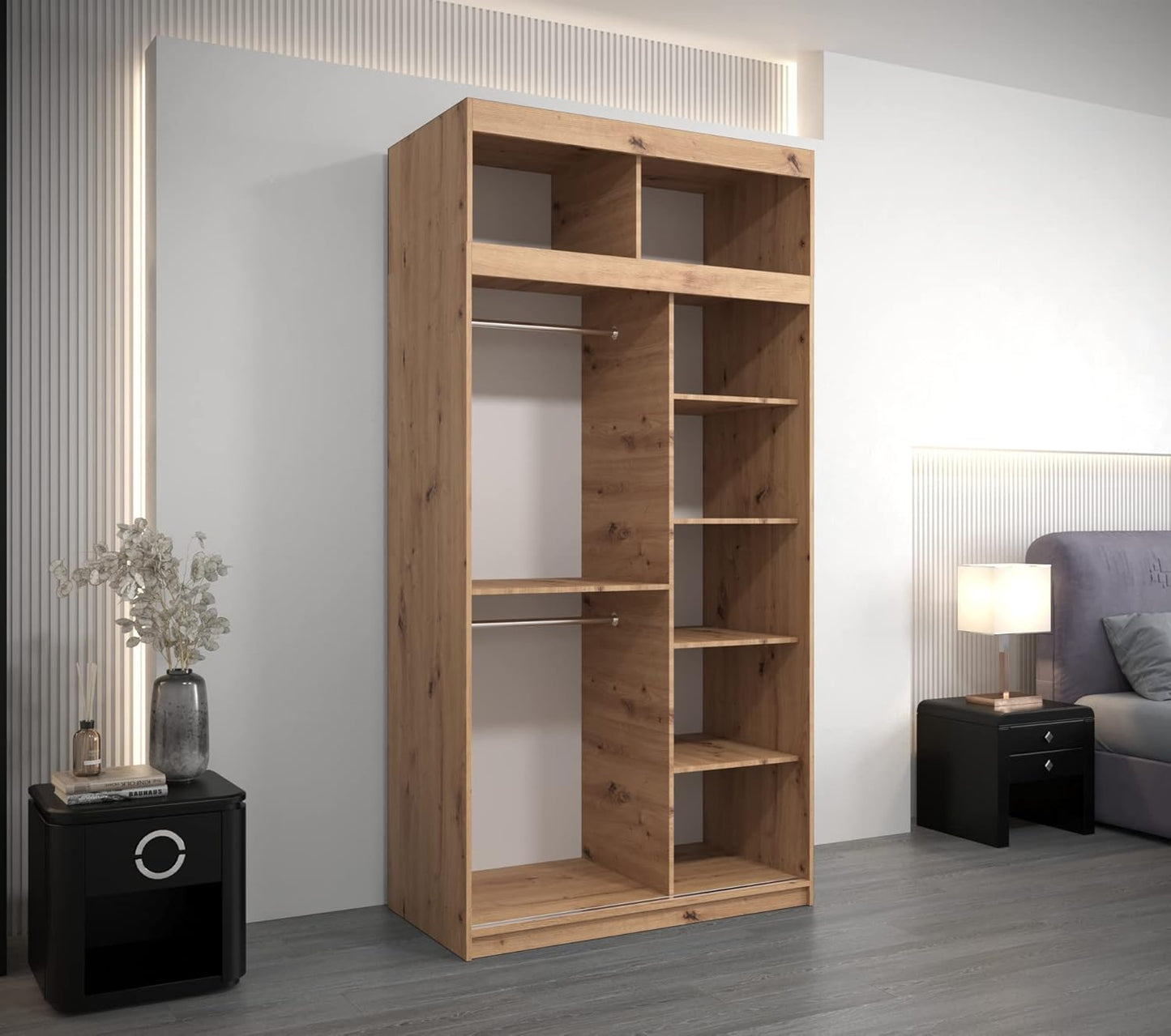 Kryspol Schwebetürenschrank York 250 cm Kleiderschrank mit Kleiderstange und Einlegeboden Schlafzimmer- Wohnzimmerschrank Schiebetüren Modern Design (Weiß)