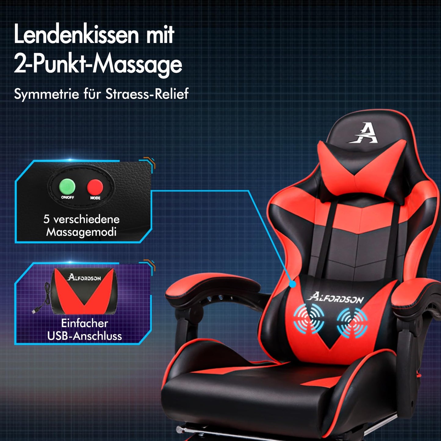 ALFORDSON Videospielstuhl, ergonomischer Bürostuhl, Massage-Rennstuhl, einziehbare Fußstütze, PU-Leder, höhenverstellbar und neigbar, 180 kg Tragkraft, Schwarz