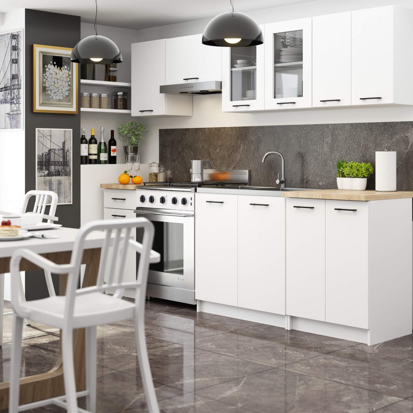 AKORD Küchenmöbel-Set OLIWIA 2.4m Modulares 240 cm 11 Türen 1 Schublade, Küche Komplett, Kitchen Cabinet Set, Küchenschränke, Standschränke, B240xH203xT46 cm, Beton & Beton
