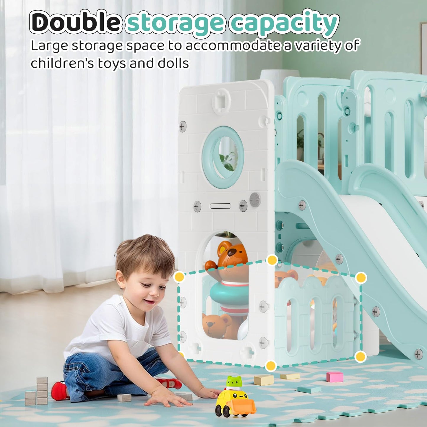 MAMIZO 9 in 1 Kinderrutsche, Kinder Rutsche mit Klettergerüst, Indoor & Outdoor Rutsche mit Basketballkorb und Teleskop, Tunnel, Stauraum, Gartenrutsche,Kinder Spielplatz, mit 2PCS Moduls, Gelb Blau