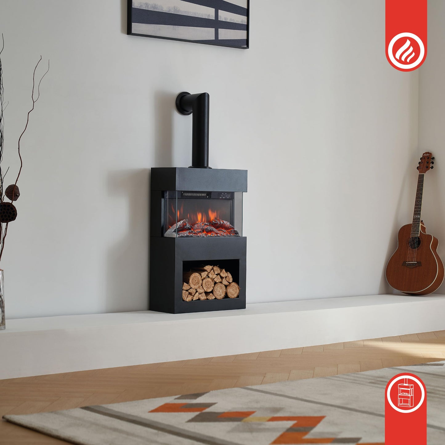 KAMINIO Henri Electric Fireplace with Stove Pipe - Electric Stove with Heater, 3D Flame Effect, Wooden Compartment, Remote Control (White)