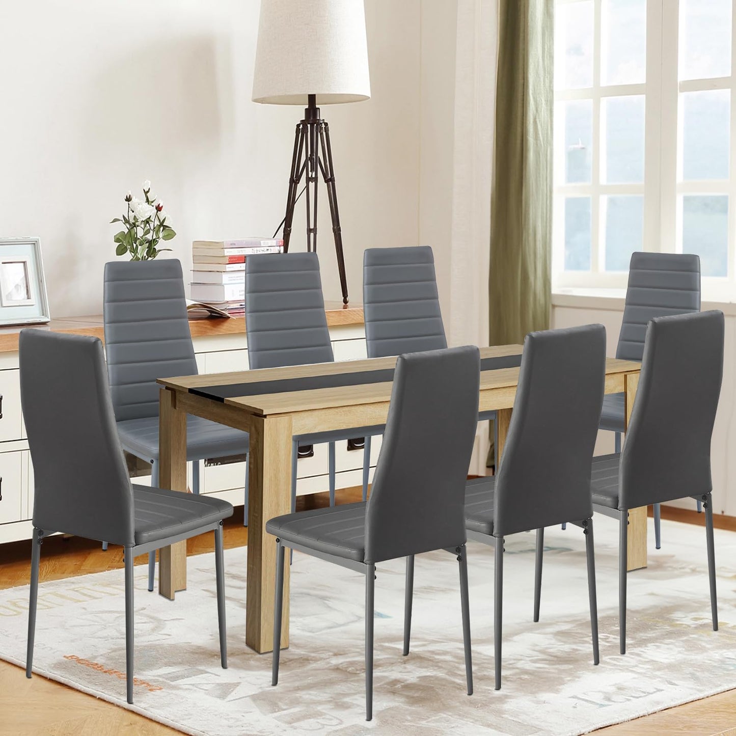 FURNITABLE Esstisch mit 6 Stühlen Esszimmergruppe, Essgruppe mit Hochlehner Kunstleder Stuhl für 6 Personen, Sitzgruppe für Küche Wohnzimmer(160cm Eiche-Weiß Tischbein Tisch+6 Schwarz Stühle)
