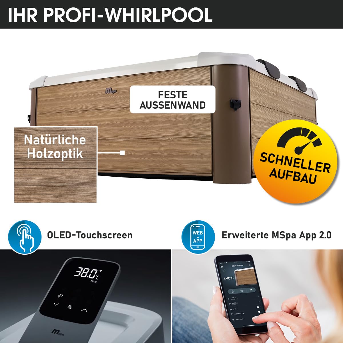 BRAST Whirlpool MSpa Oslo & Oslo Plus XXL mit Fester Außenwand | 160x160x65cm - 180x180x65cm | LED-Beleuchtung 20 Farben | 6 Personen | 120-140 Massagedüsen | Ganzjähriger Einsatz Winterfest