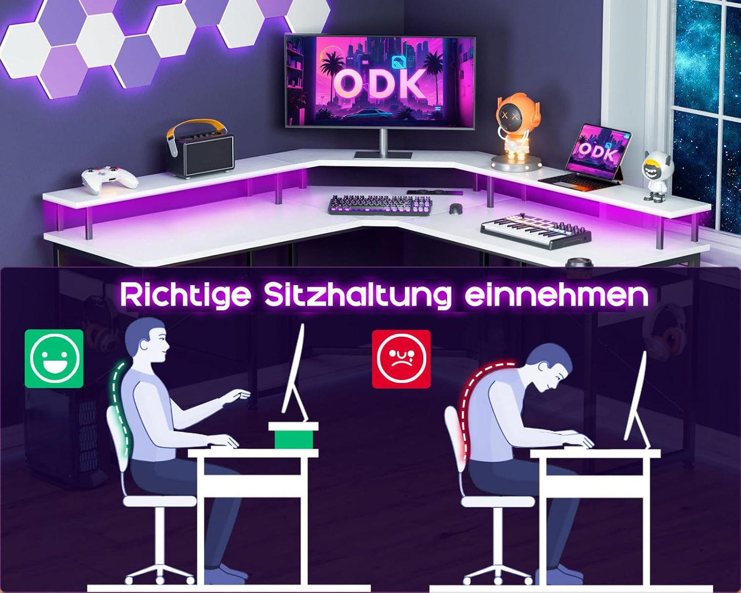 ODK Gaming Tisch mit LED, Gaming Schreibtisch mit 2 Steckdosen und 2 USB Ladeanschluss, PC Tisch Gaming mit großzügiger Monitorablage, Gamer Schreibtisch in Kohlefaser Weiß, 129x129 cm