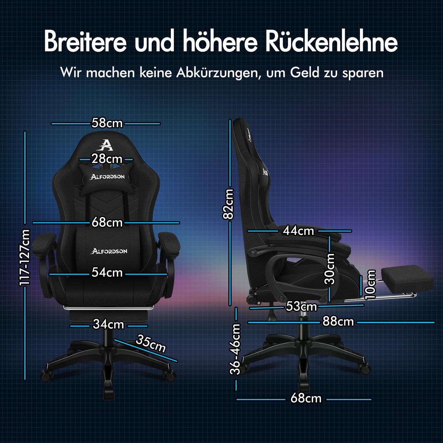 ALFORDSON Gaming Stuhl mit 8-Punkt Massage 12 Farben RGB LED-Licht, Bürostuhl Ergonomisch mit fußstützen, Kopfstütze Lendenkissen für Kinder Erwachsene, Schwarz