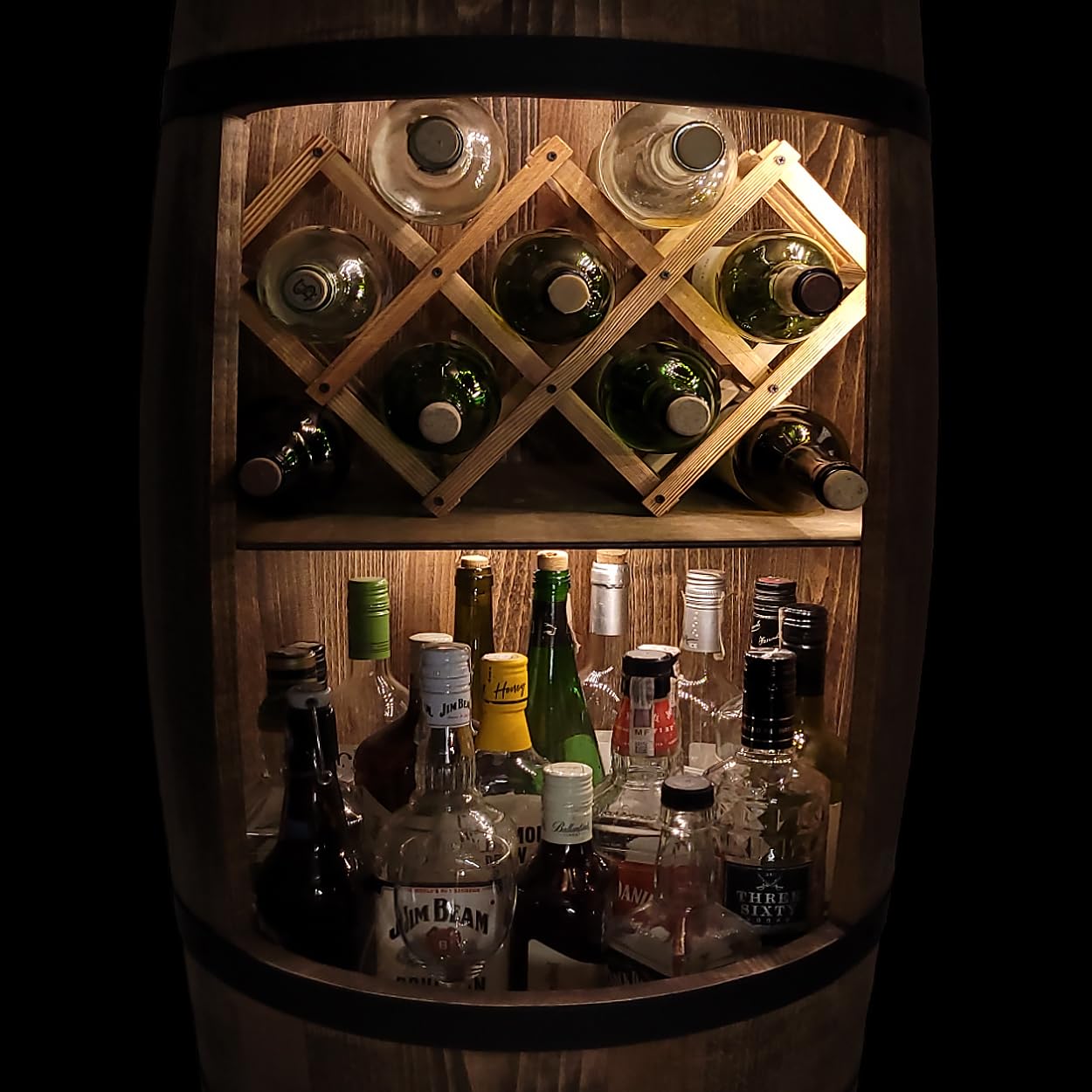 Barrel Bar with LED Lighting and Wine Holder Wine Rack - Wooden Barrel Home Bar 80 cm Rustic Decorative Bar Cabinet Wine Stand - Barrel Beer Wine Bottle Stand - Bar Whisky Gift (Dark Brown)