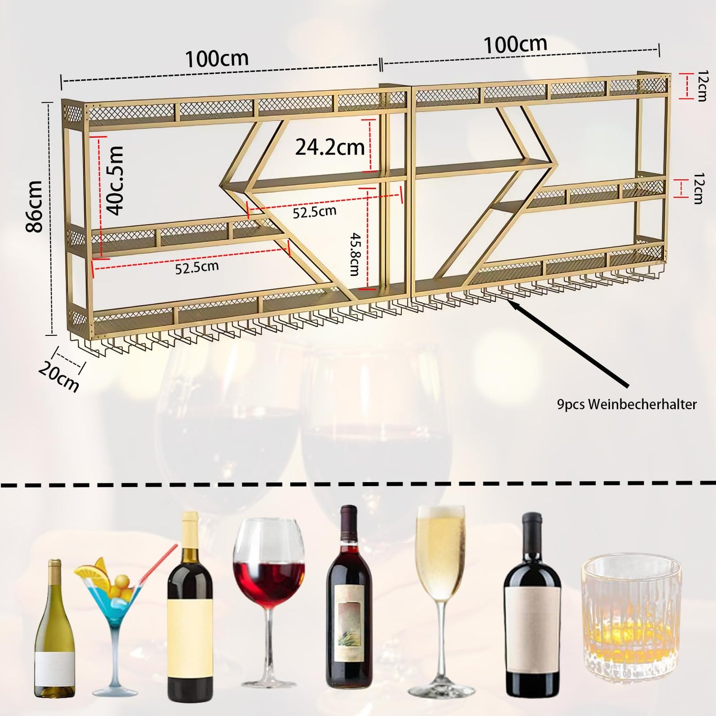 Wall Wine Rack Metal with LED Lighting and Modular Wine Bottle Holder Modern Wine Storage for Home Bar, Kitchen, Catering Robust Holder + Easy Assembly (Includes Dowels) (Black, 2.4 m)