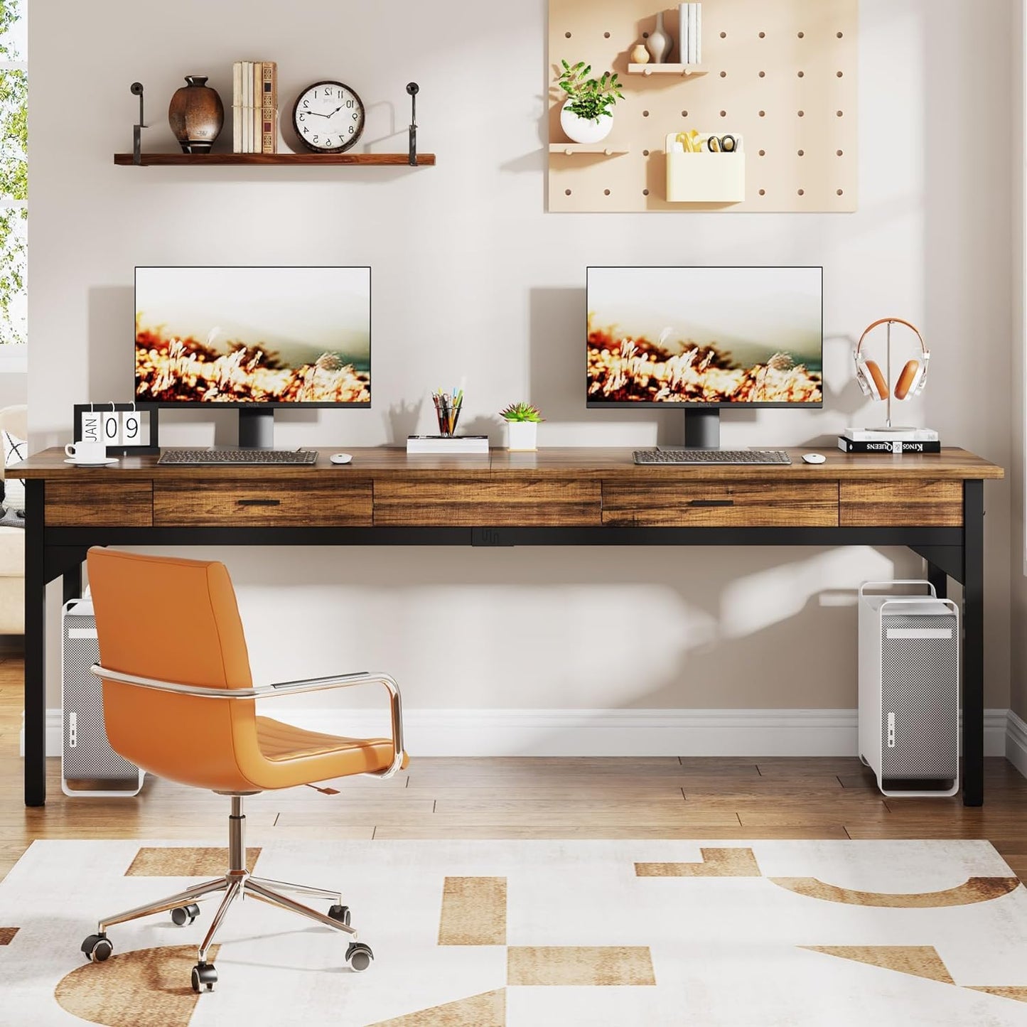 Tribesigns Schreibtisch Computertisch 200 x 60 x 82 cm, Doppelter Langer Schreibtisch mit 2 Schubladen, PC Tisch Bürotisch Arbeitstisch Esstisch Büro-Möbel Computertisch für Home Office, Braun