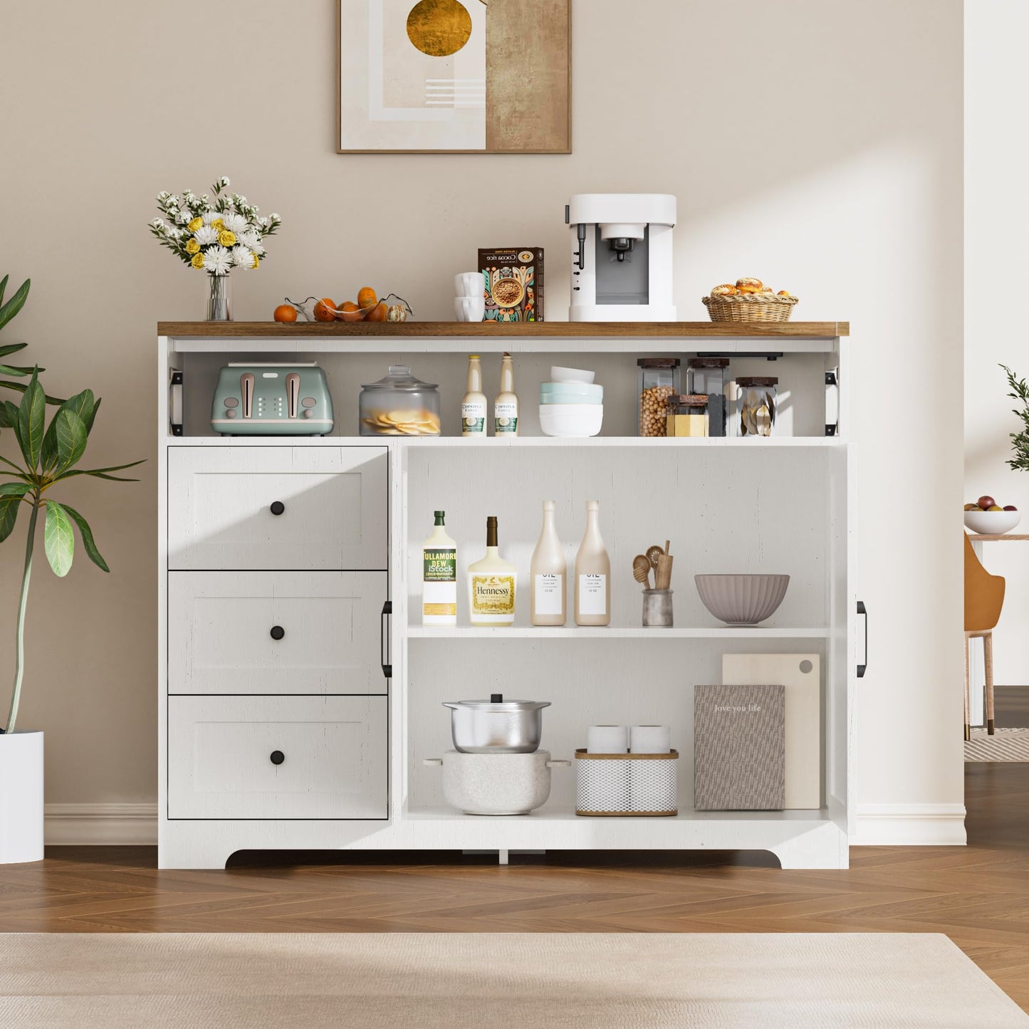 Kitchen Cabinet, Sideboard with Drawers and Open Shelf, Sideboard, Kitchen Cabinet, Coffee Bar Cabinet for Kitchen, Dining Room, Living Room, 120 x 35 x 95 cm, White