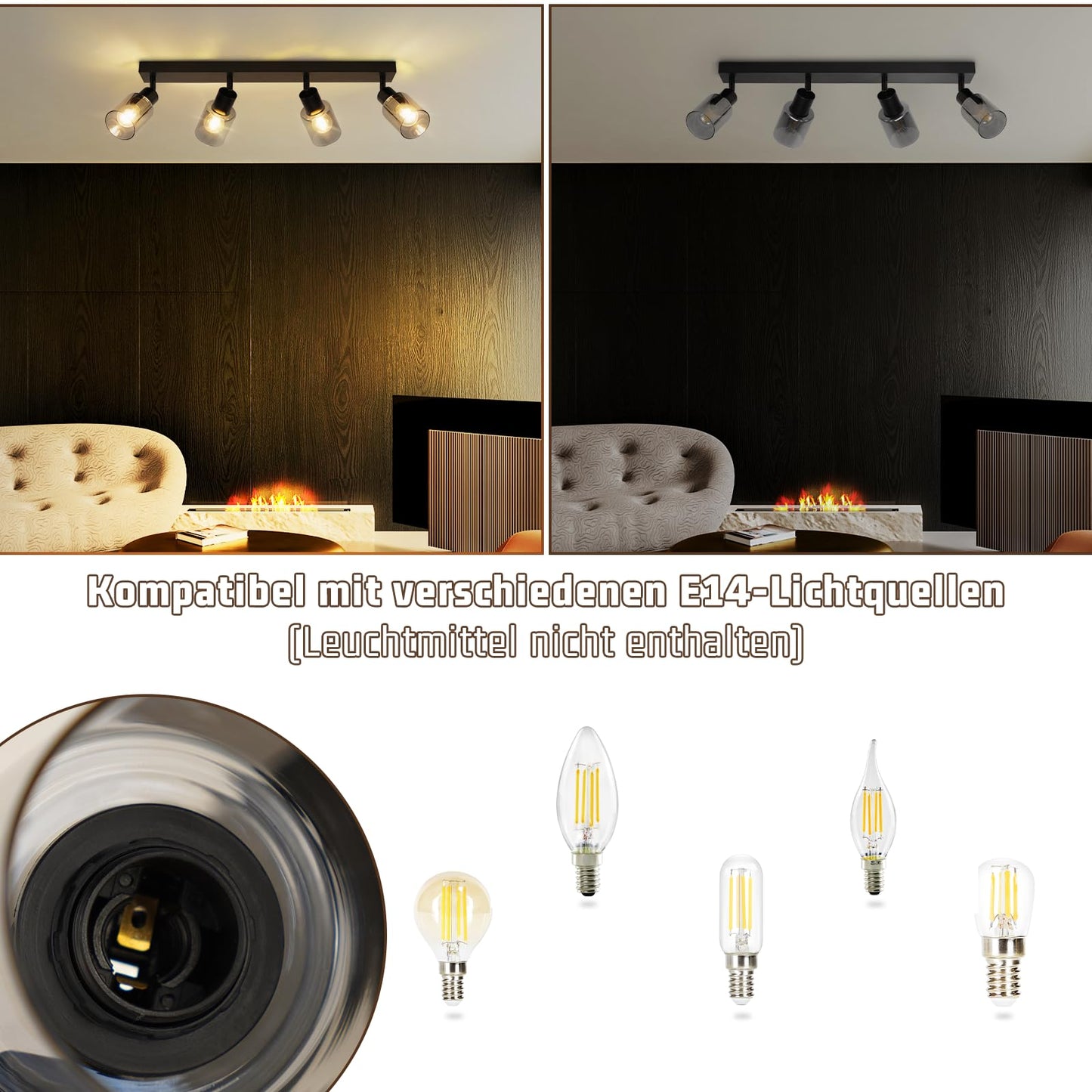 Kowanie Deckenlampe Vintage 6 flammig: Industrial Wohnzimmerlampe Schwarz Deckenleuchte Wohnzimmer retro Kronleuchter aus Glas Deckenbeleuchtung inkl. 6 × E14 2700K Leuchtmittel für Küche