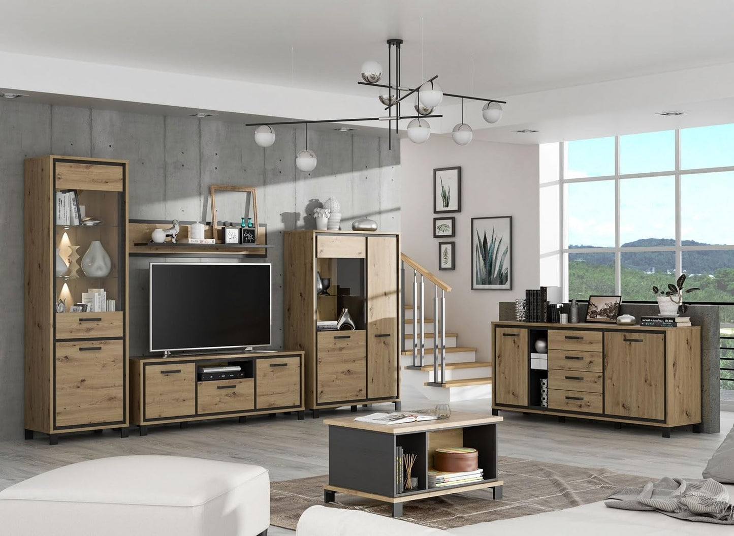 Forte Finley 330 Modern Wall Unit with TV Cabinet, Display Cabinet, Wall Panel and Chest of Drawers, Composite Wood, White with Concrete Look Accents, 328.4 cm Wide x 193.7 cm High x 41 cm Deep