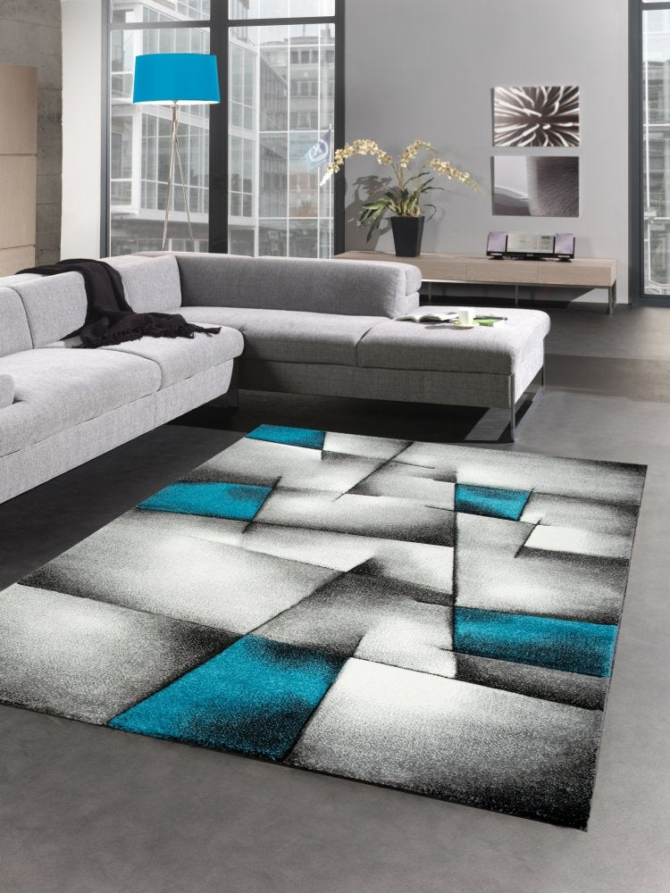 CARPETIA Modern Short Pile Living Room Rug Contour Cut Checked Abstract Grey Black White Turquoise Size 60 x 110 cm