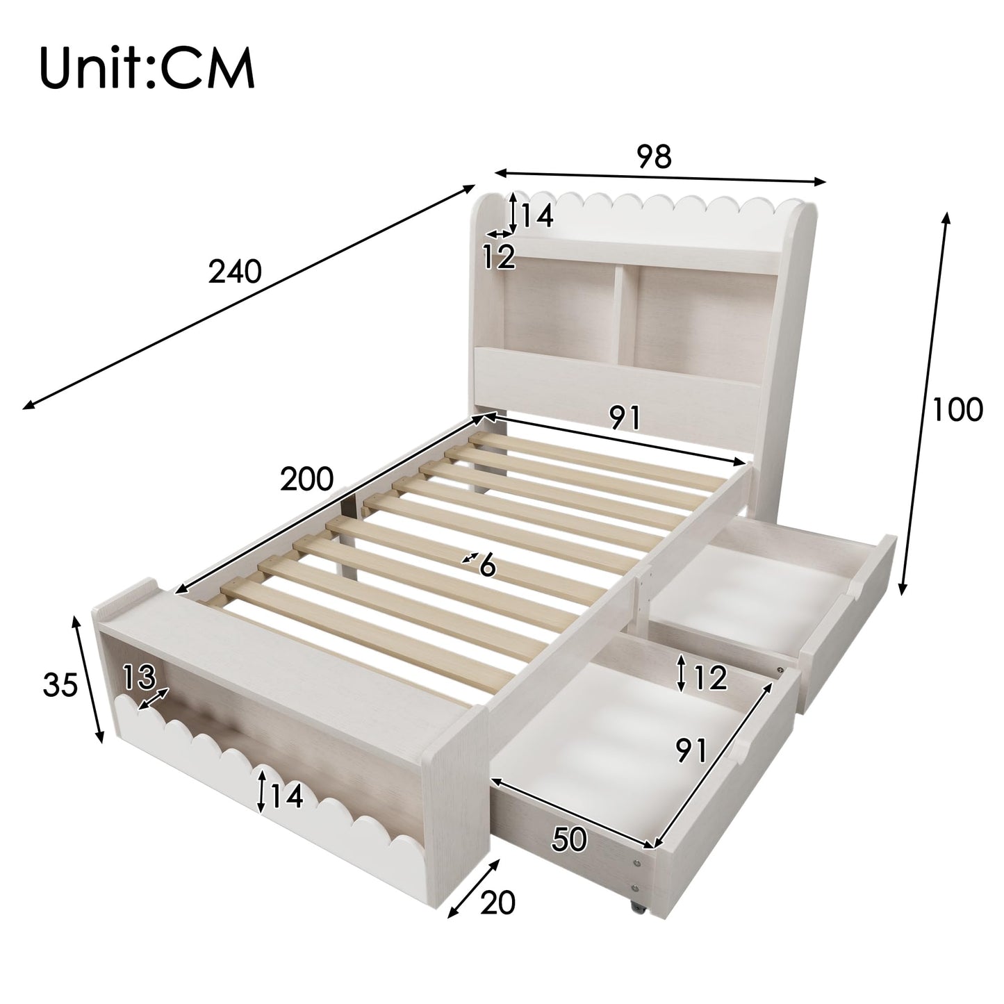 RIAZOS Kinderbett Holzbett 90x200 cm, Massiveholz Einzelbett mit Schreibtisch und Schubladen, Stauraumbett mit Lattenrost, für Jungen & Mädchen, ohne Matratze, Weiß