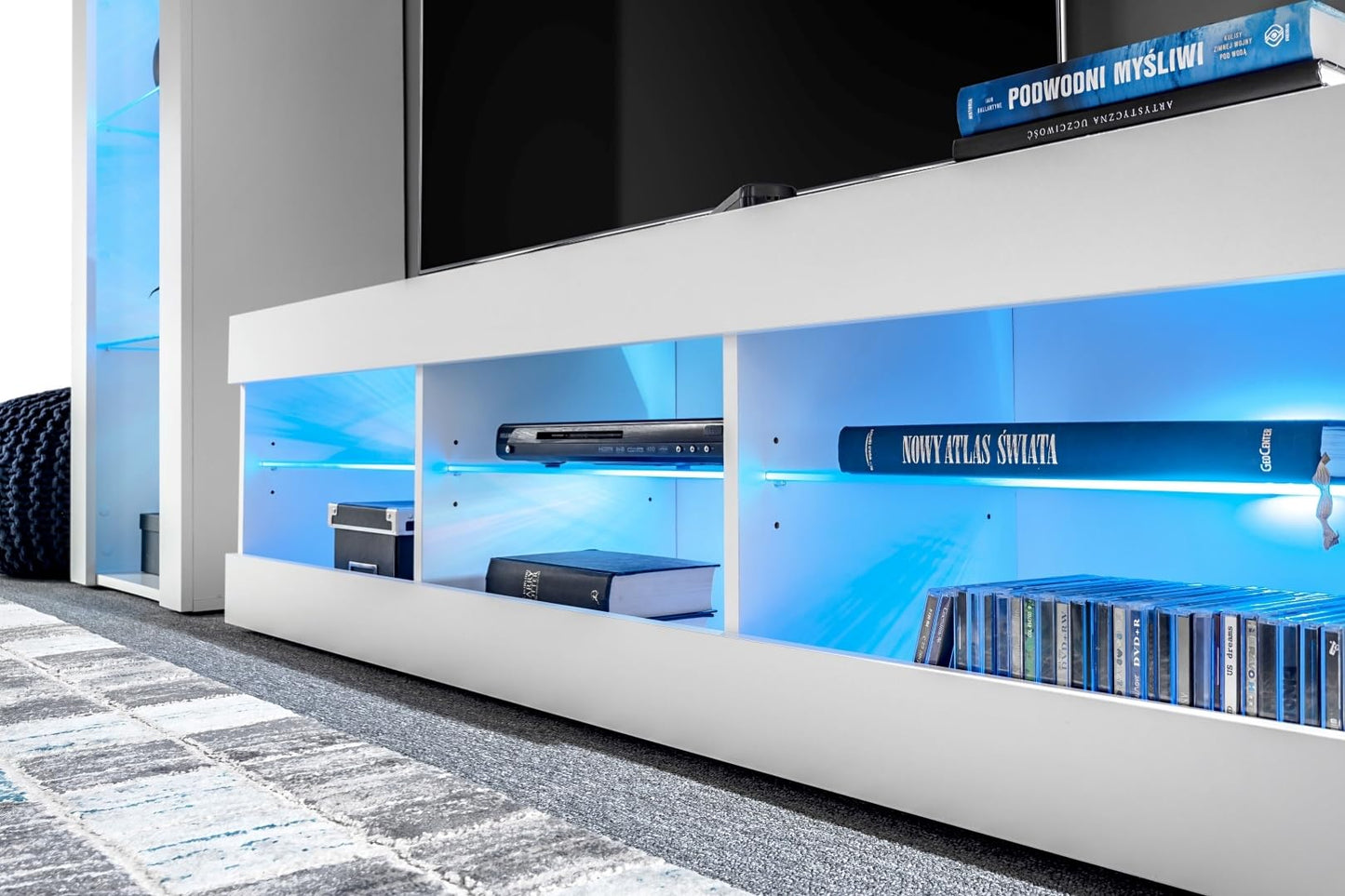 Komodee Tivoli Medio Wall Unit Living Room Set, Black/Black, Width 245 cm x Height 159 cm x Depth 35 cm, LED Blue, for Living Room, Bedroom