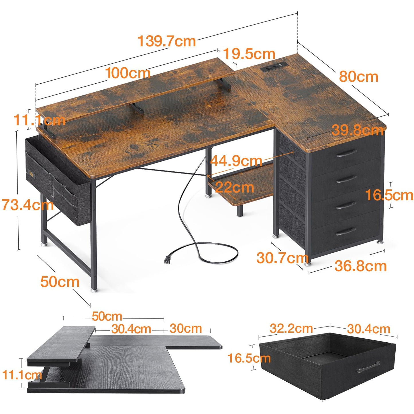 ODK Corner Desk with 4 Fabric Drawers, 140 x 80 cm, Desk L Shape Reversible with USB Charging Port and Socket, L Shaped Desk with Monitor Shelf for Home Office, White