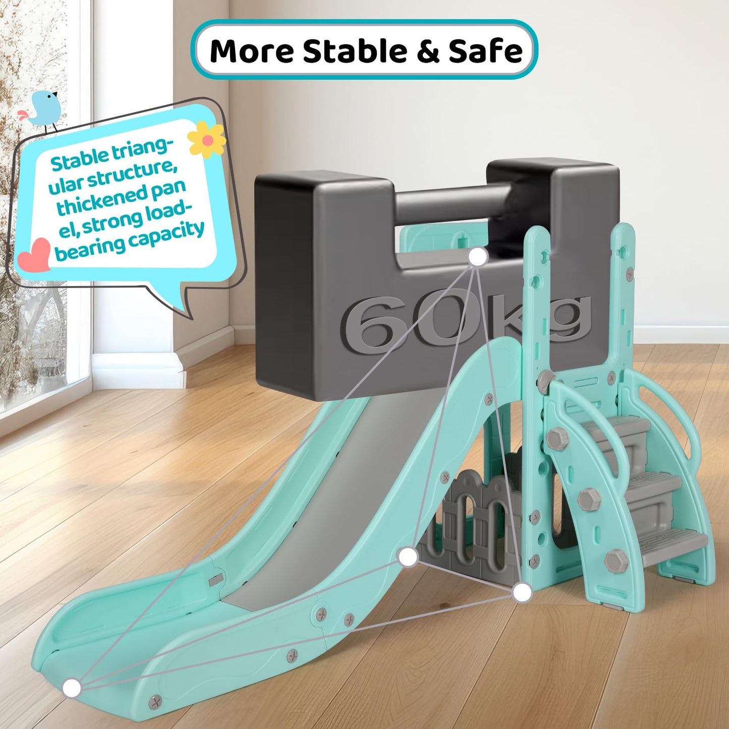 Kinderrutsche, für 1-3 Jahre, Indoor & Outdoor Rutsche ab 1 Jahre, Freistehende Rutsche mit Stauraum & Spielteleskope, Gartenrutsche, Kinder Spielplatz, mit 2PCS Moduls, Grün Grau