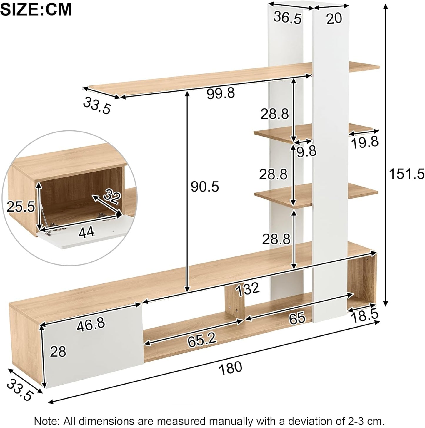 soges Modern Living Room Wall Cabinet 180 x 33.5 x 151.5 cm, Suitable for TVs up to 60 Inches, TV Cabinet in Oak White, Lowboard Living Room Furniture Set