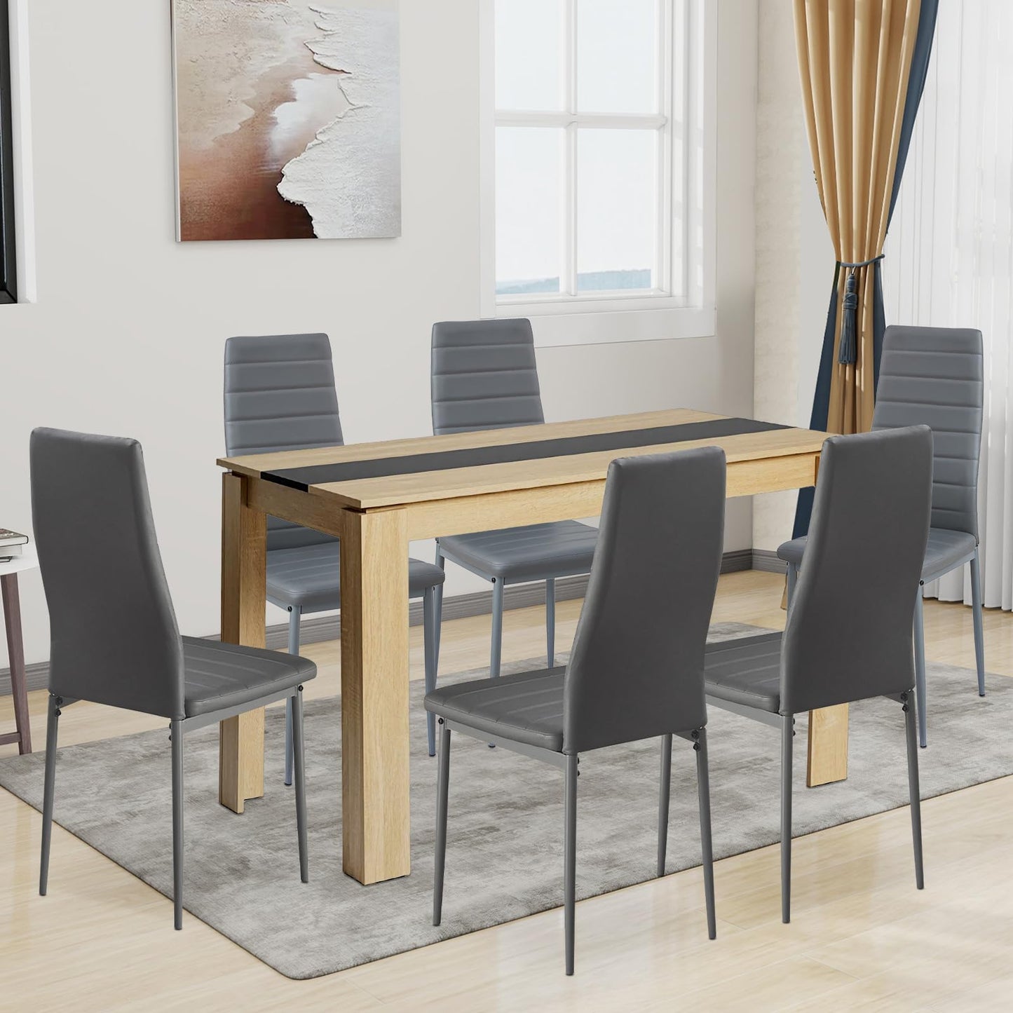 FURNITABLE Esstisch mit 6 Stühlen Esszimmergruppe, Essgruppe mit Hochlehner Kunstleder Stuhl für 6 Personen, Sitzgruppe für Küche Wohnzimmer(160cm Eiche-Weiß Tischbein Tisch+6 Schwarz Stühle)