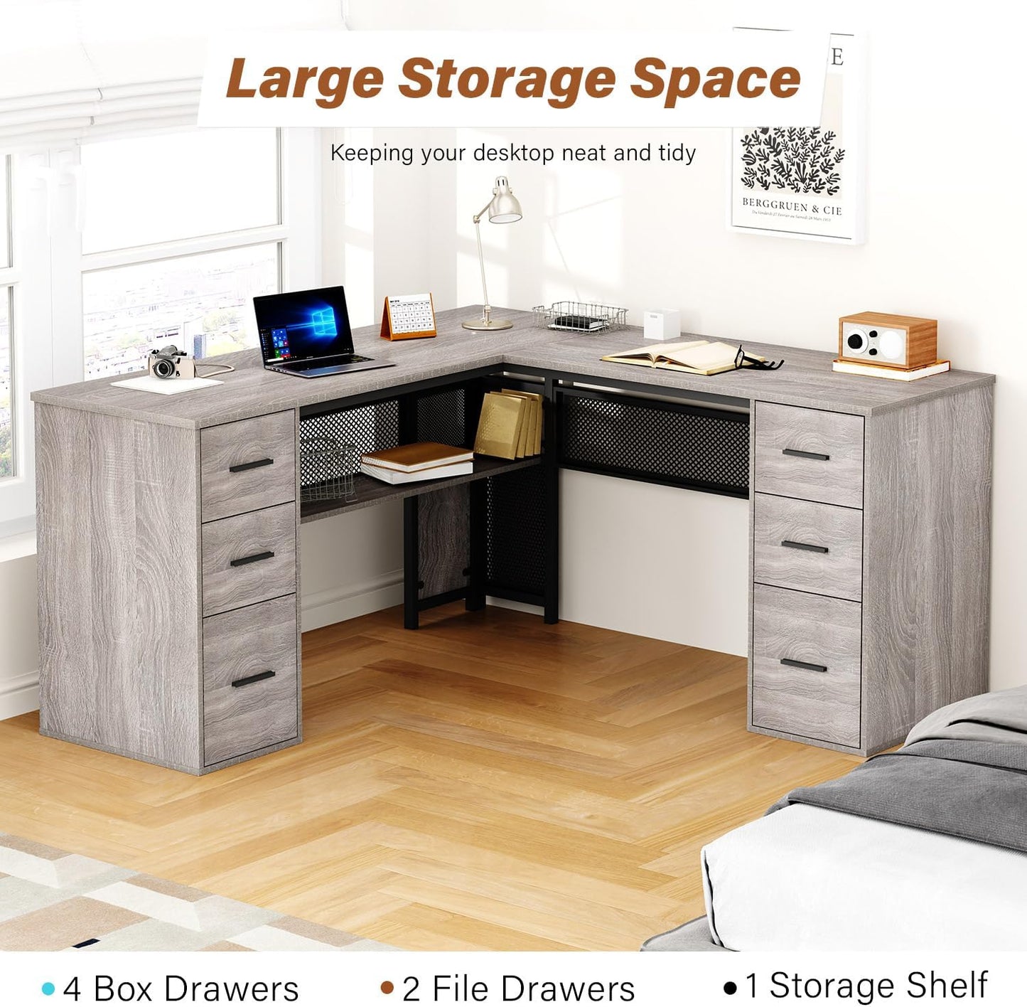 HSH - Black L Shape Corner Desk with Filing Drawers and Shelves, Reversible Corner Desk Made of Metal and Wood with Storage Cabinets