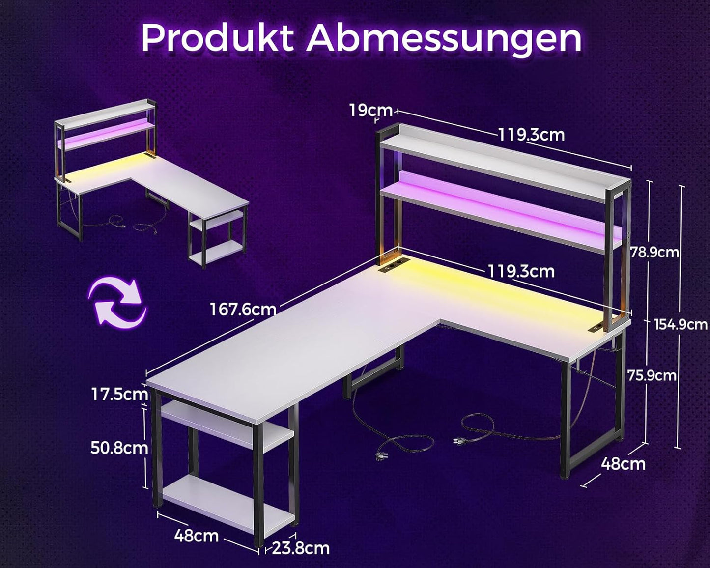 ODK Eckschreibtisch Weiß mit Stall, 150×120 cm Reversibel Gaming Tish L Form mit LED, Computertisch mit USB-Ladeanschluss&Steckdose, Gaming Schreibtisch für das Heimbüro