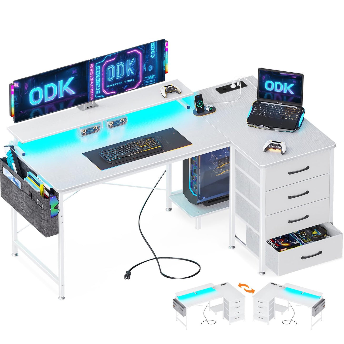 ODK Eckschreibtisch mit 4 Stoff Schubladen, 160x80cm Reversible Schreibtisch L Form mit 2 Steckdosen und 2 USB Ladeanschluss, Gaming Tisch L Form mit LED&Monitorständer für Home Office, Schwarz