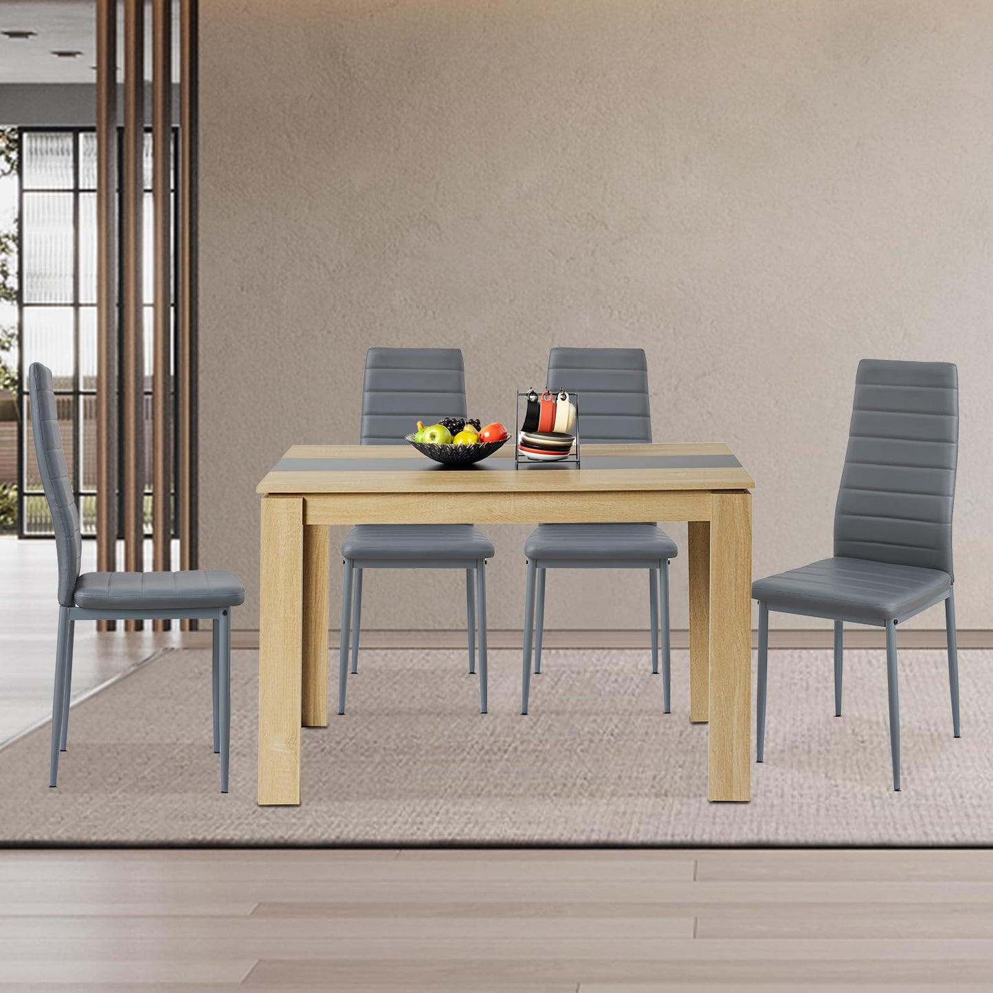 FURNITABLE Esstisch mit 6 Stühlen Esszimmergruppe, Essgruppe mit Hochlehner Kunstleder Stuhl für 6 Personen, Sitzgruppe für Küche Wohnzimmer(160cm Eiche-Weiß Tischbein Tisch+6 Schwarz Stühle)