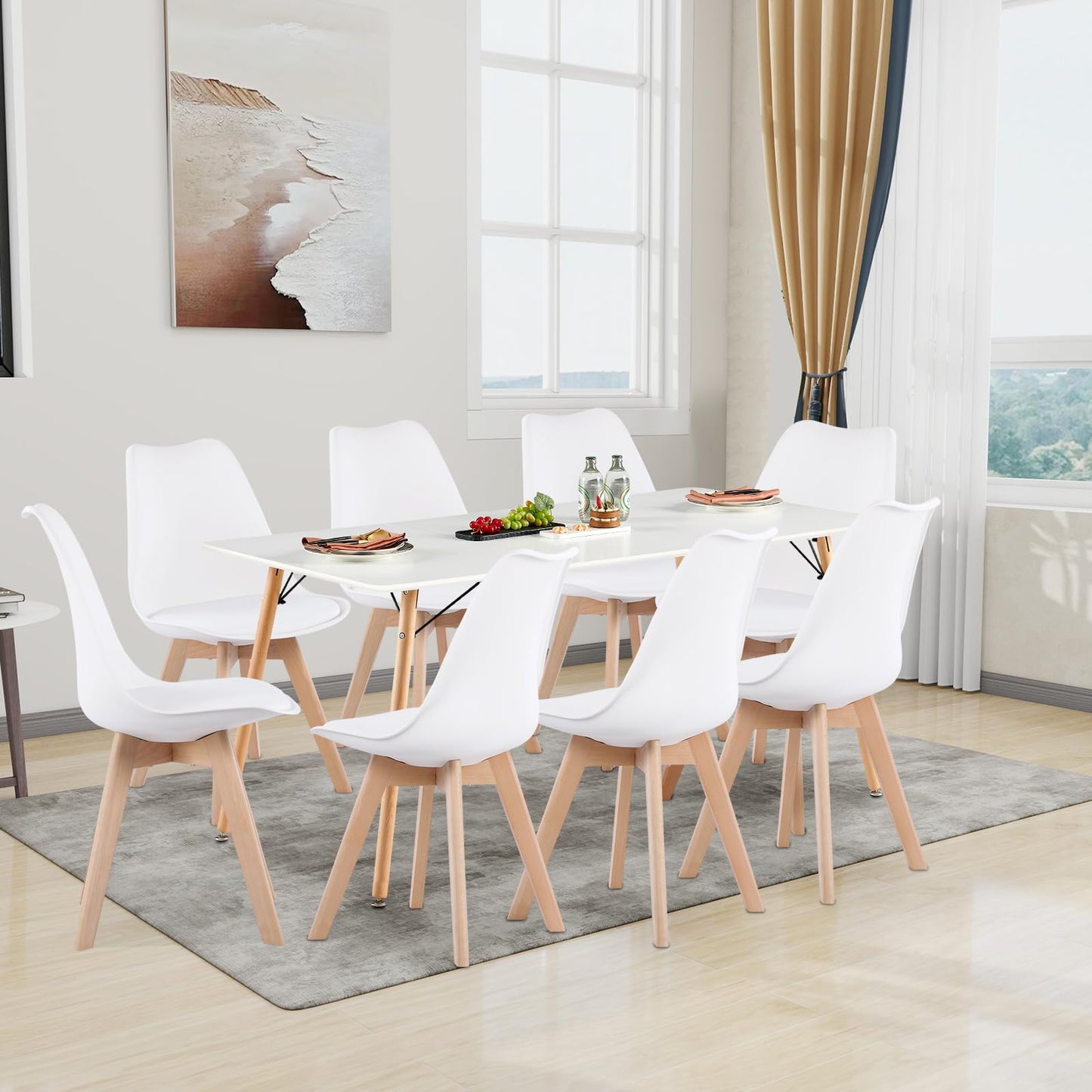 H.J WeDoo Esszimmergruppe mit 4 Essstühlen, Rechteckig Esstisch und Stühle für Esszimmer, Küche, Wohnzimmer, Weißer Esstisch und Graue Stühle