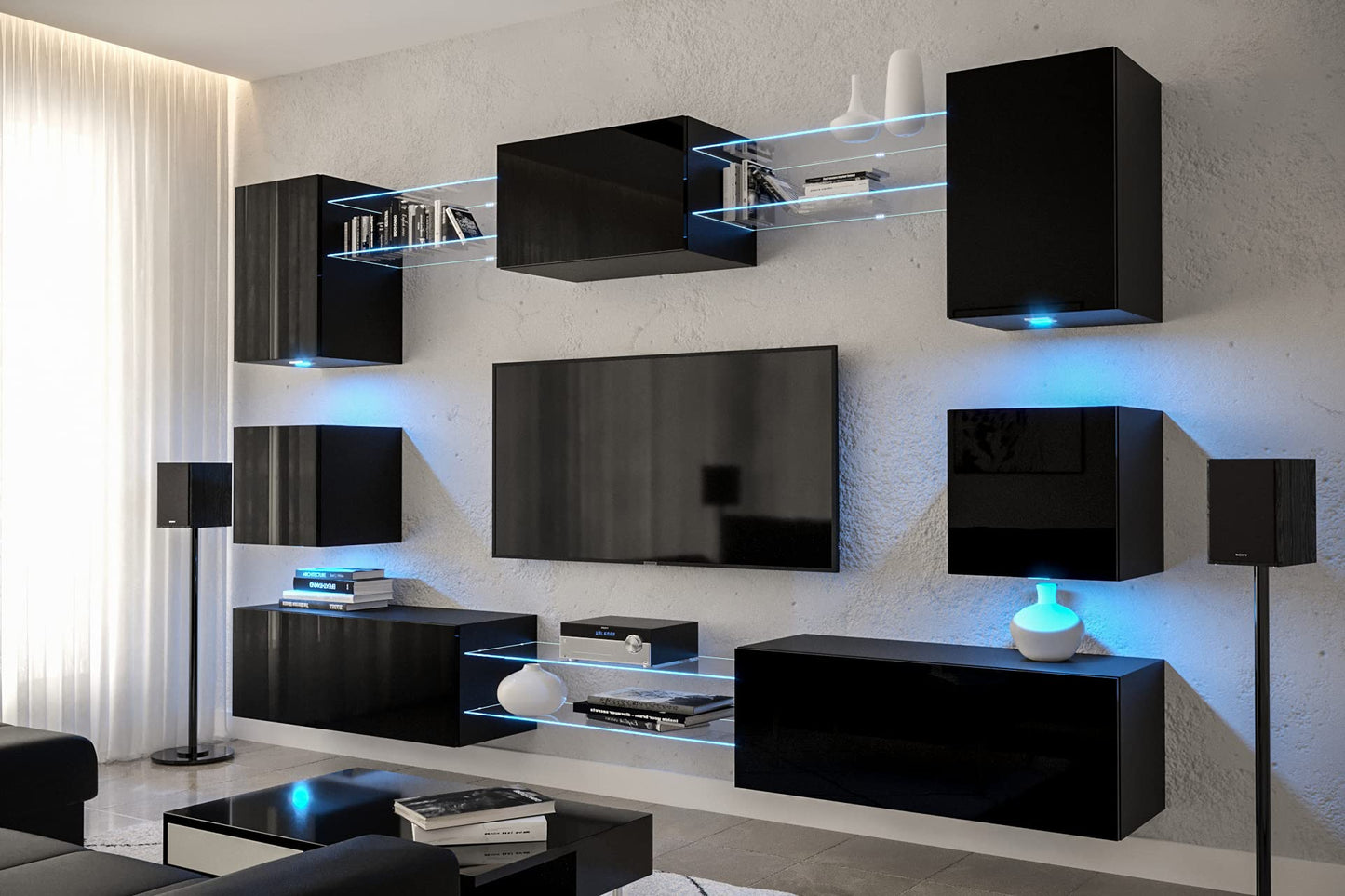 Furnitech Living Room Wall Unit | Hanging Living Room Wall Unit Modern | Living Room Cabinet Wall with Shelves and TV Cabinet | Living Room Furniture without LED (Nowara AN1-17S-M50 1A)