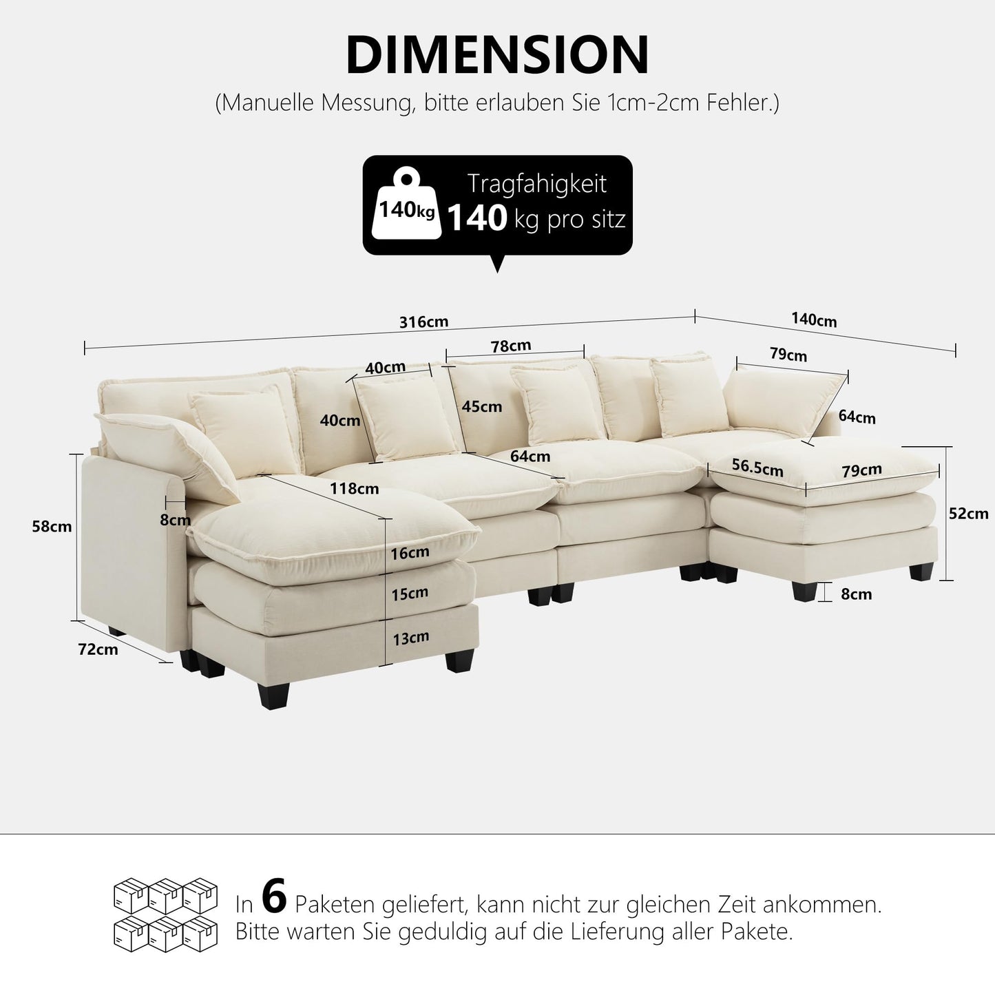 Urhanherry U-Shape Cloud Sofa, Modular Sectional Sofa, 6-Seater with 2 Ottomans, Modern Sofa with Decorative Cushions/Armrests, Breathable Chenille Fabric, U Sofa Couch for Living Room, Beige
