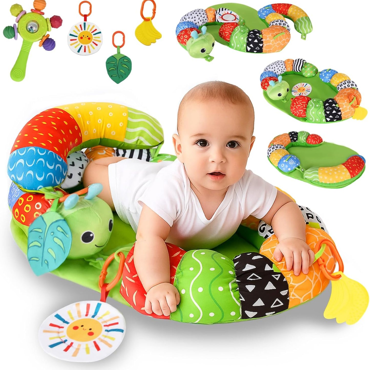 Charmofun Tummy Time Toys Spielkissen, 3 in 1 Bauchlage Spielzeug Baby, Abnehmbar Raupe für Baby, Bauchlage Helfen Sitzen Stützen Babyspielzeug 3 6 9 Monate mit Rassel, Beißring, Spiegel