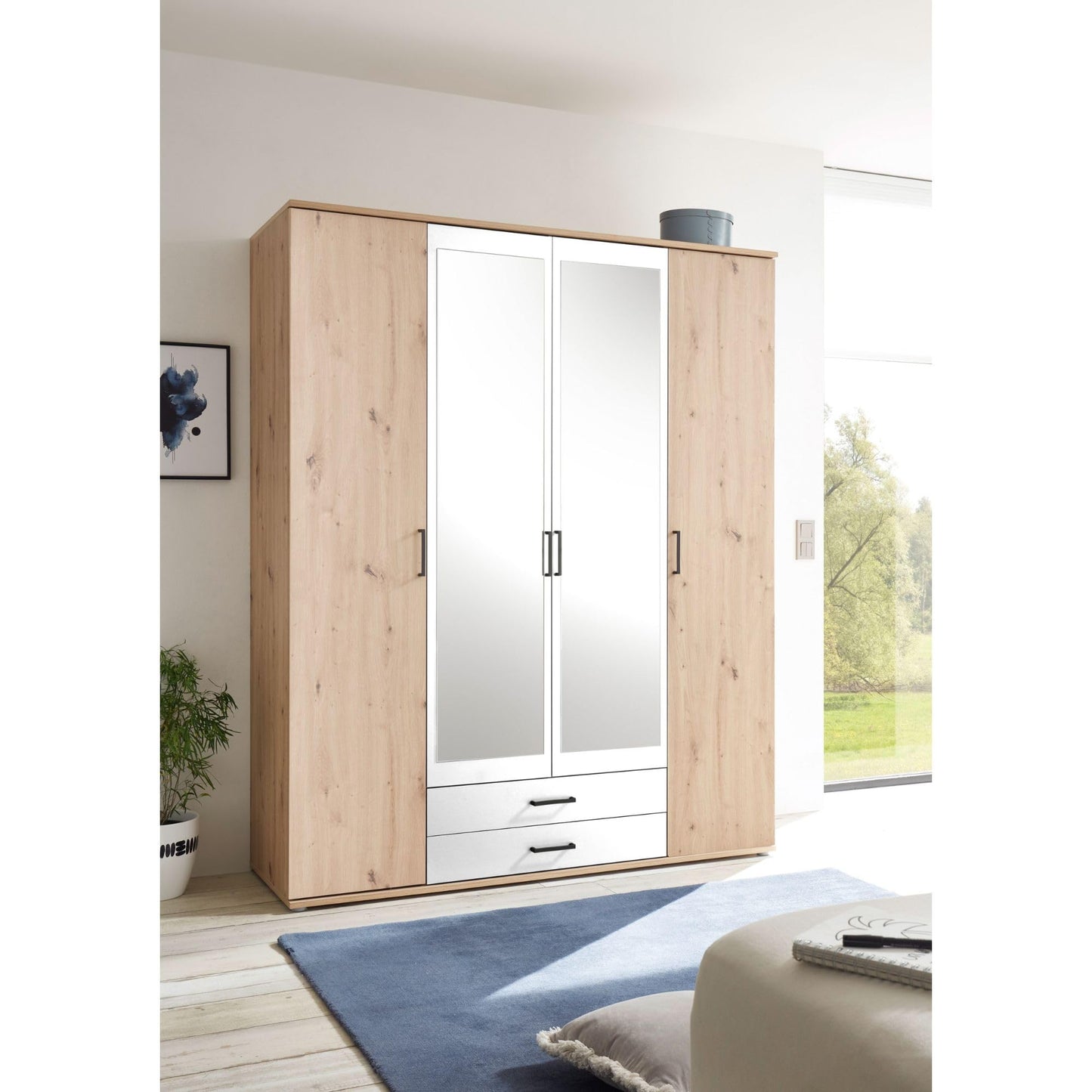 Stella Trading CHICAGO Eleganter Kleiderschrank mit viel Stauraum - Vielseitiger Drehtürenschrank in Artisan Eiche Optik und Absetzungen in Anthrazit - 156 x 197 x 54 cm (B/H/T)