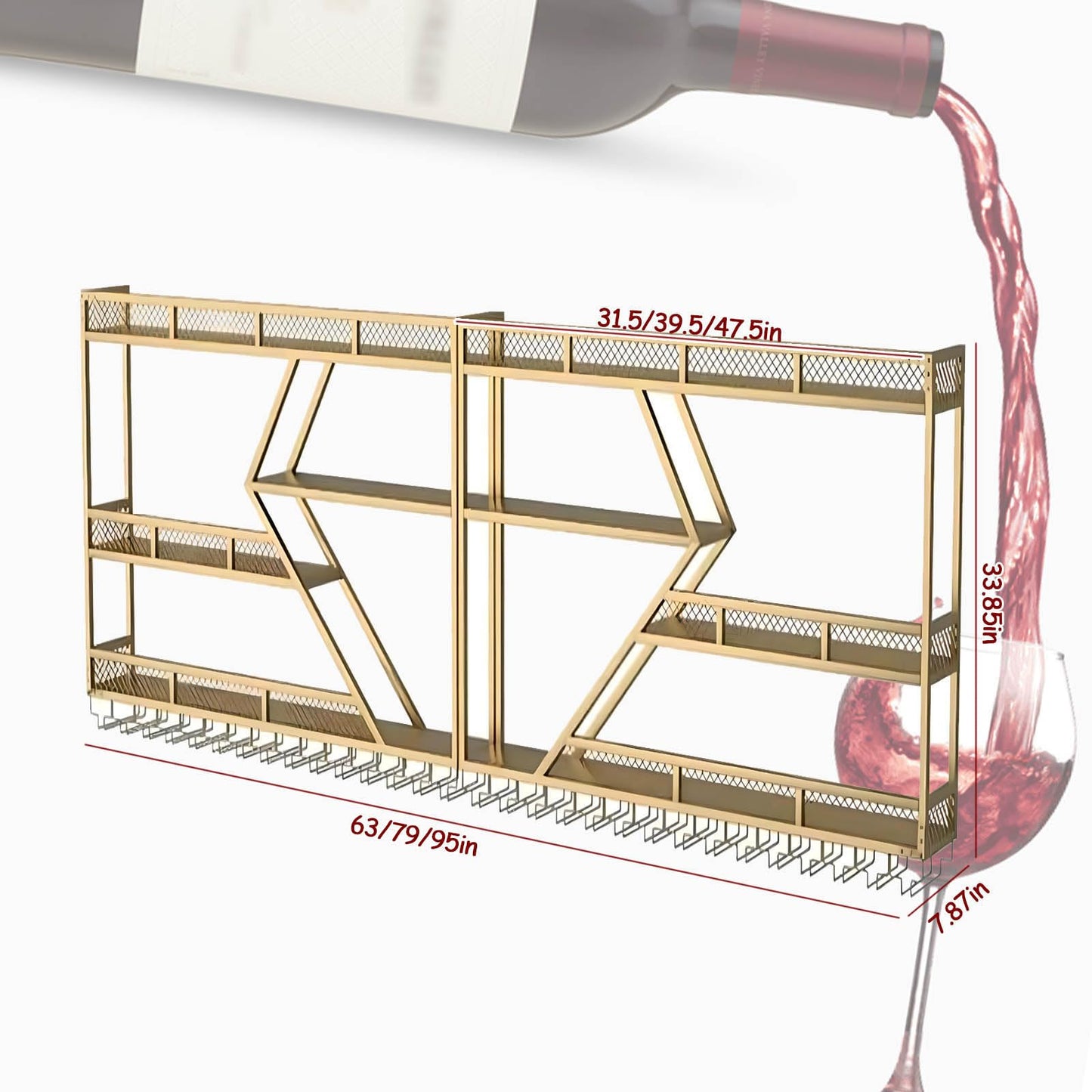 Weinregal aus Metall, großer Weinflaschenhalter aus Wandmontage mit 3 Ebenen, modernes, schwebendes Barregal in Rautenform,für die Dekoration von Restaurants und Bars zu Hause (schwarz, 200cm)